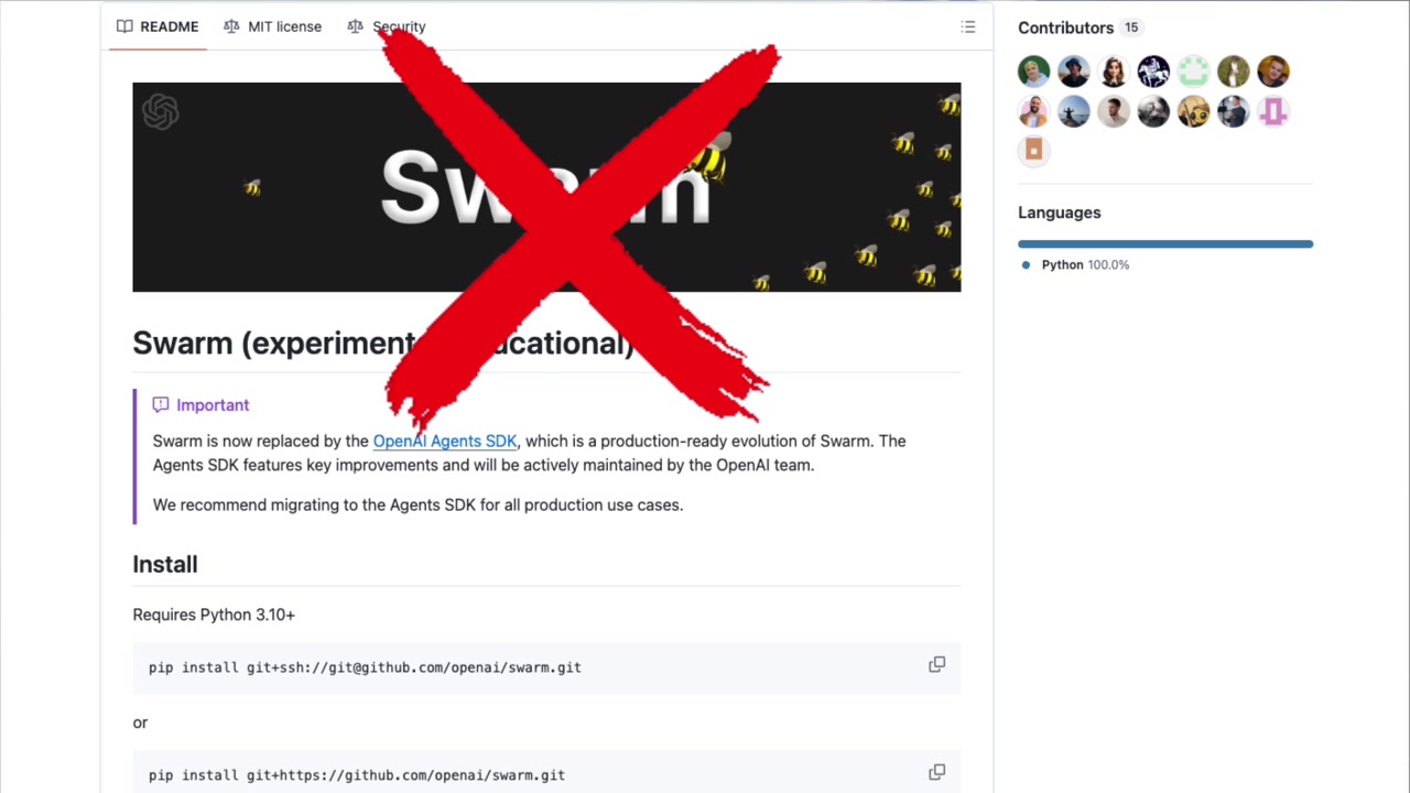 The official deprecation notice for Swarm on its GitHub page, directing users to the OpenAI Agents SDK
