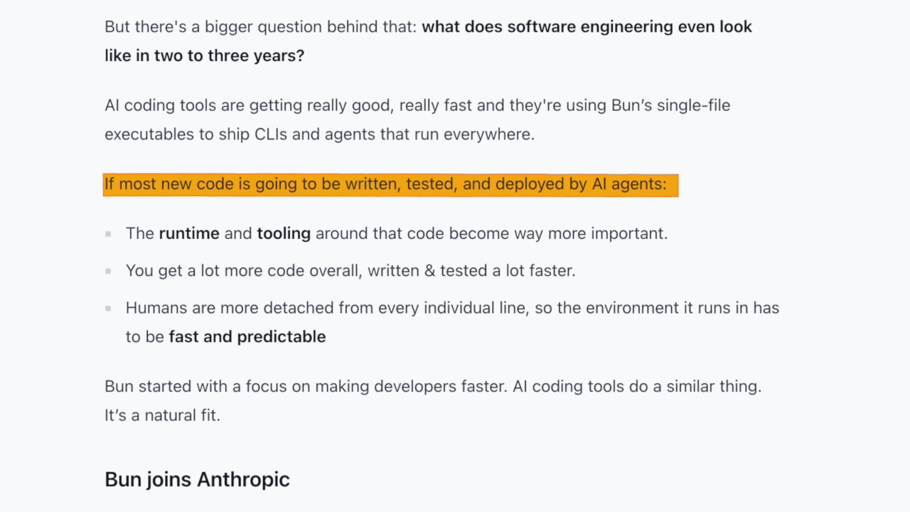 A screenshot of the Bun blog post highlighting the text, "If most new code is going to be written, tested, and deployed by AI agents..." and the subsequent bullet points.