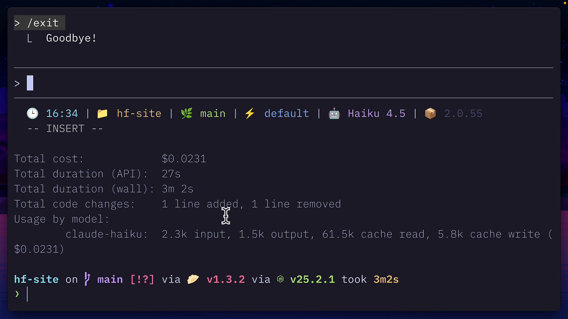 The terminal output for the complex HaxeFlixel task, showing the total cost of just $0.0231 and significantly lower token usage