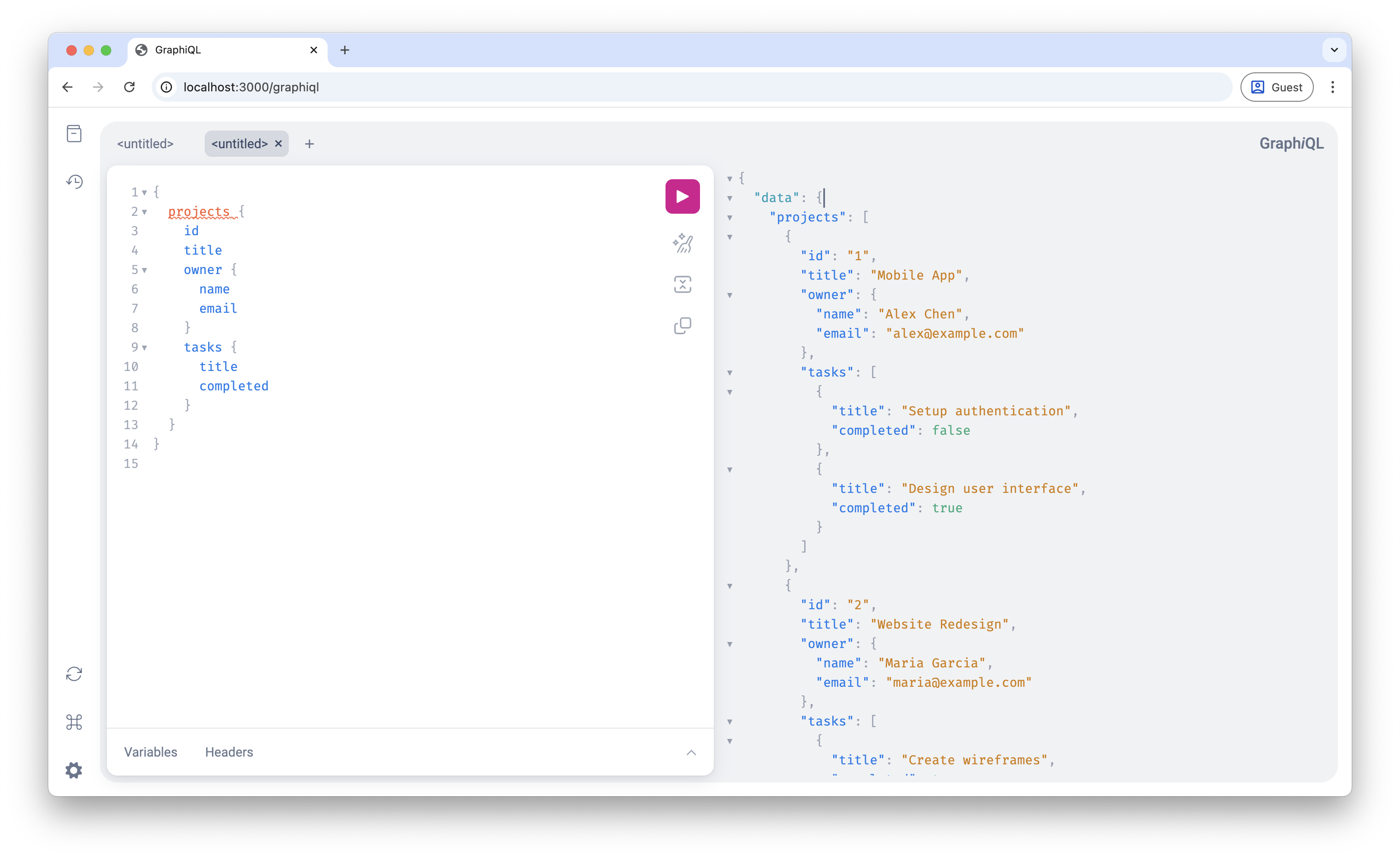 Screenshot of GraphiQL displaying nested query results with project and task data