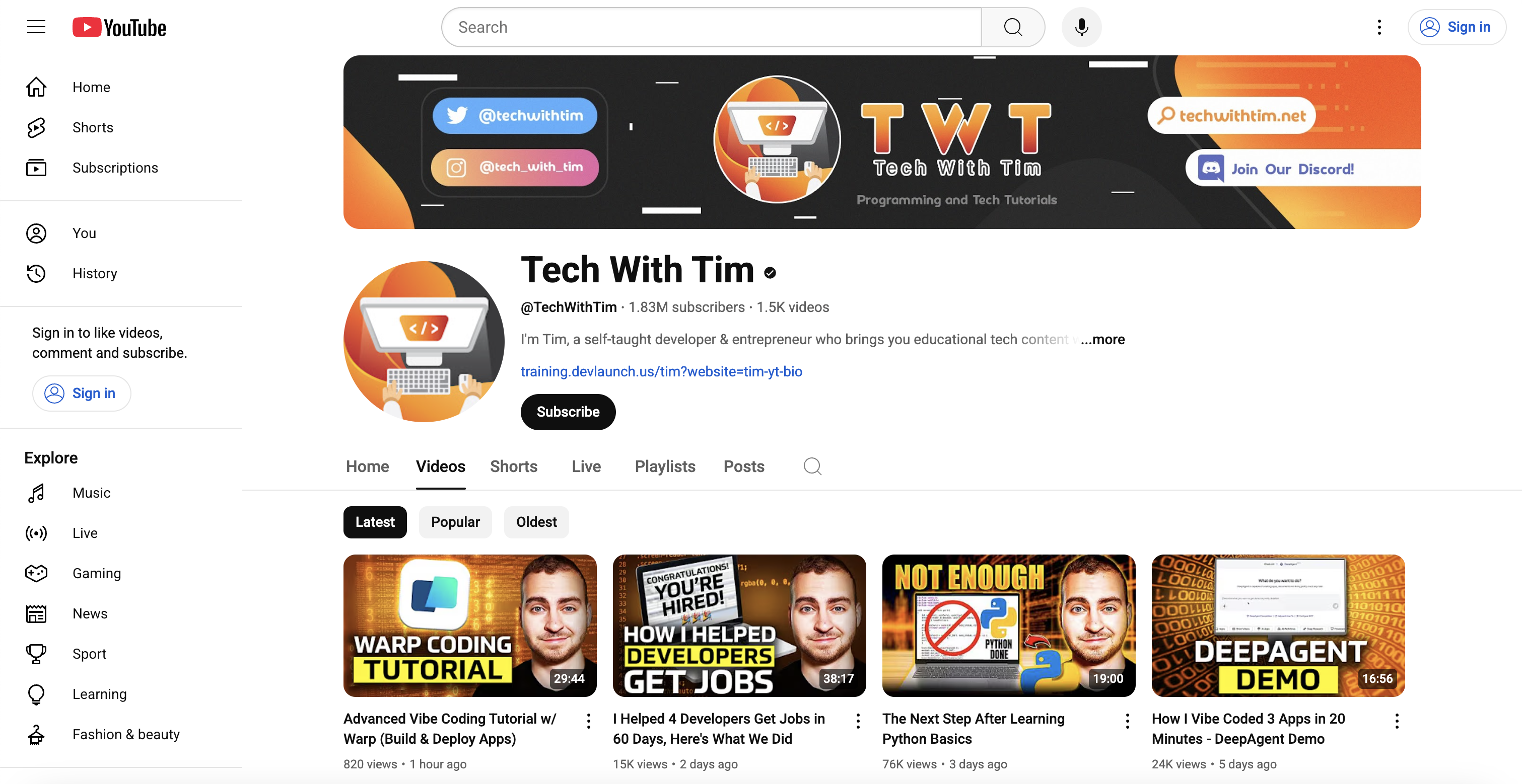 TechwithTim Youtube channel