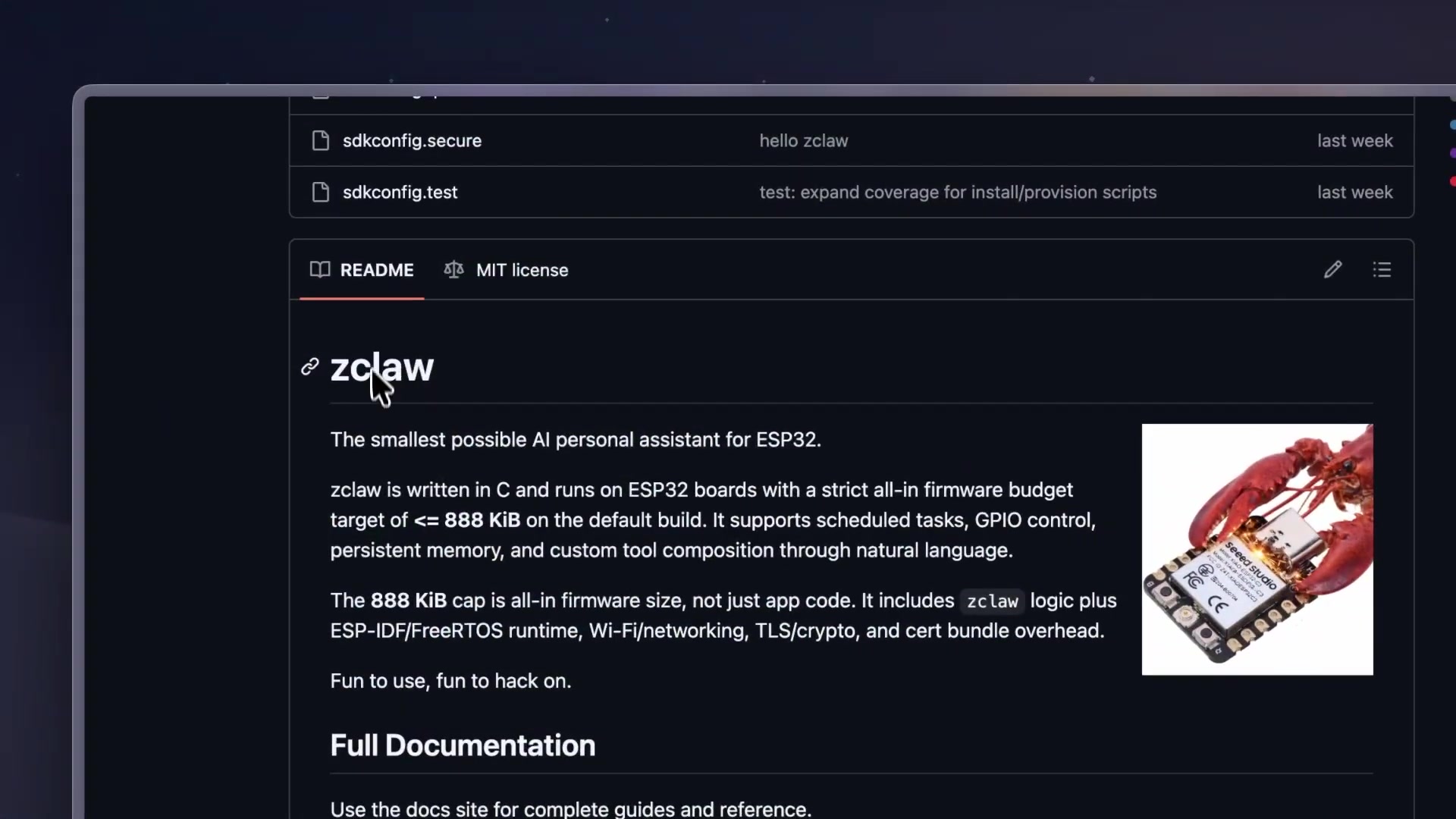 A screenshot of the Zclaw GitHub README, emphasizing its description as "The smallest possible AI personal assistant for ESP32."