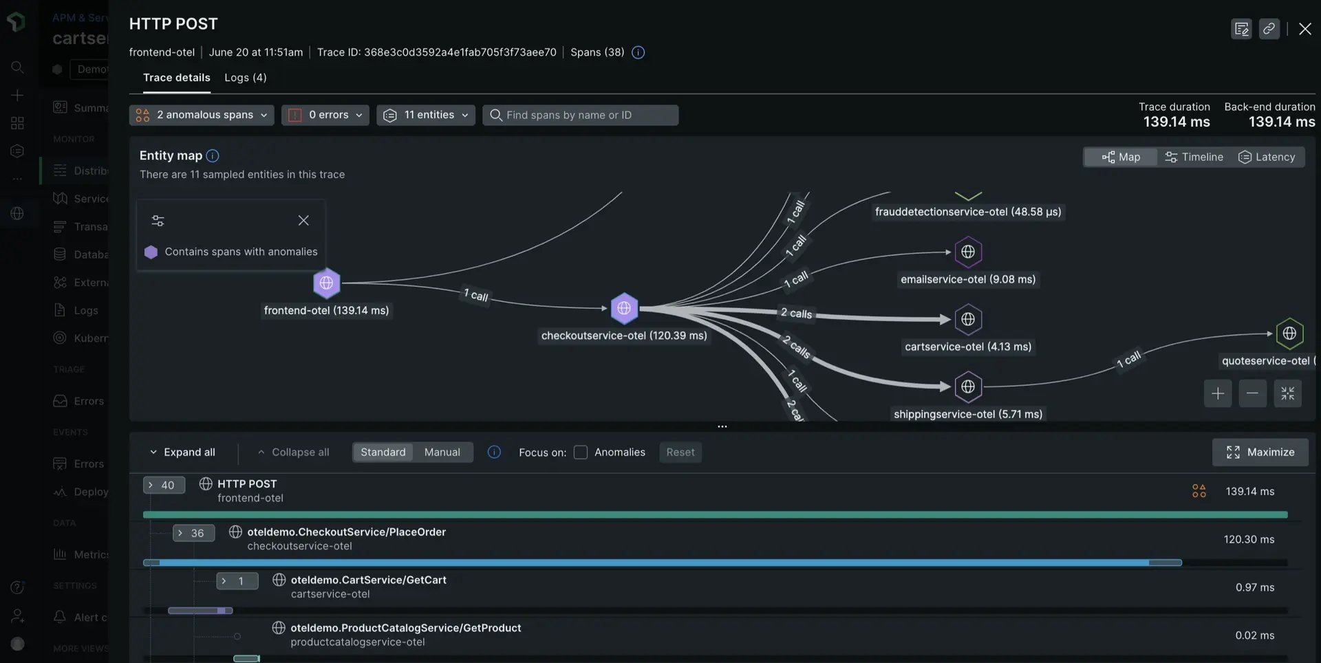 Screenshot showing New Relic distributed tracing feature
