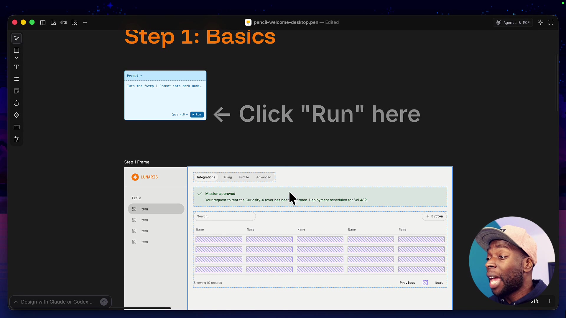 A tour of the Pencil user interface, highlighting the main functional areas.