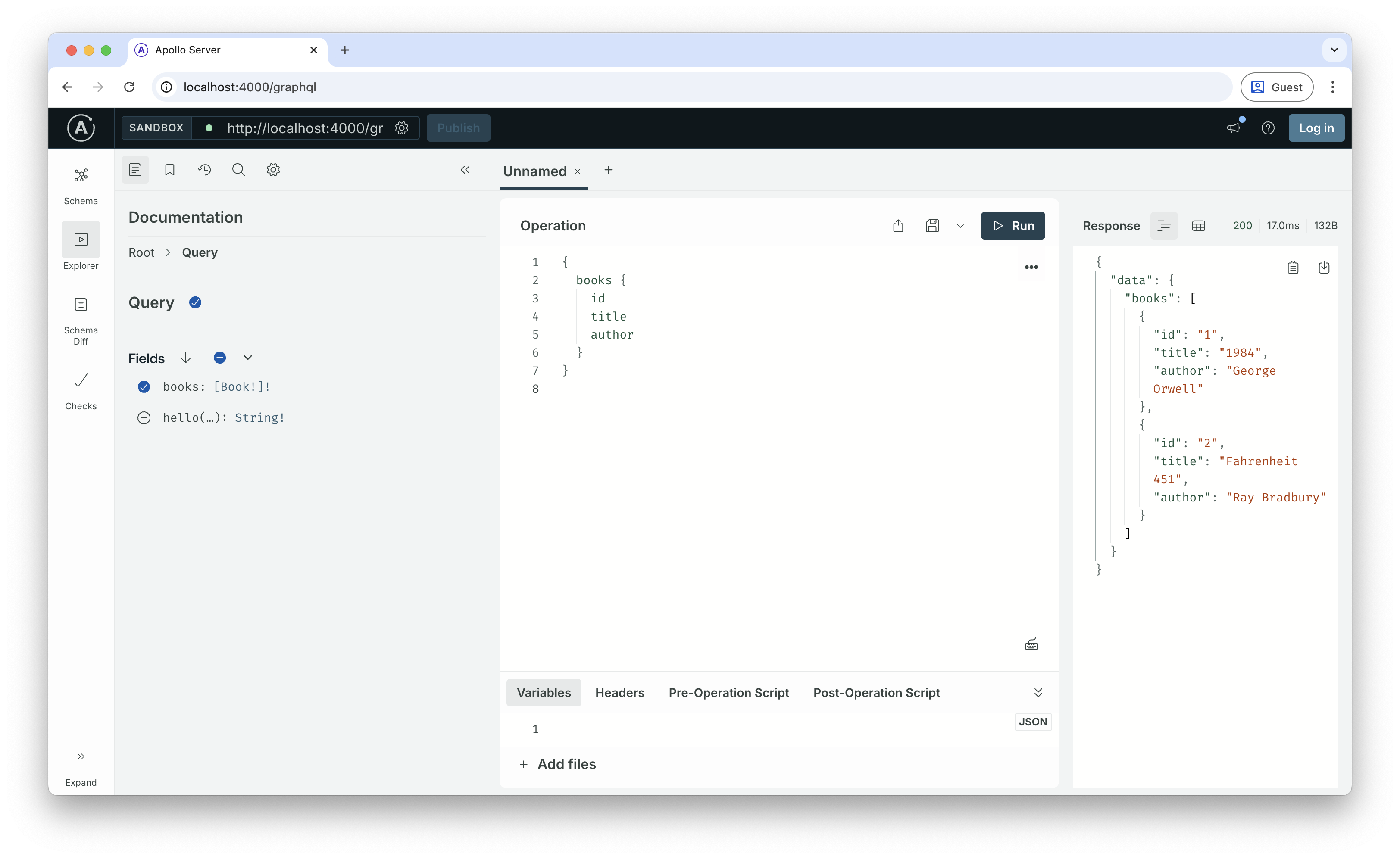 Apollo Studio showing query results with book data