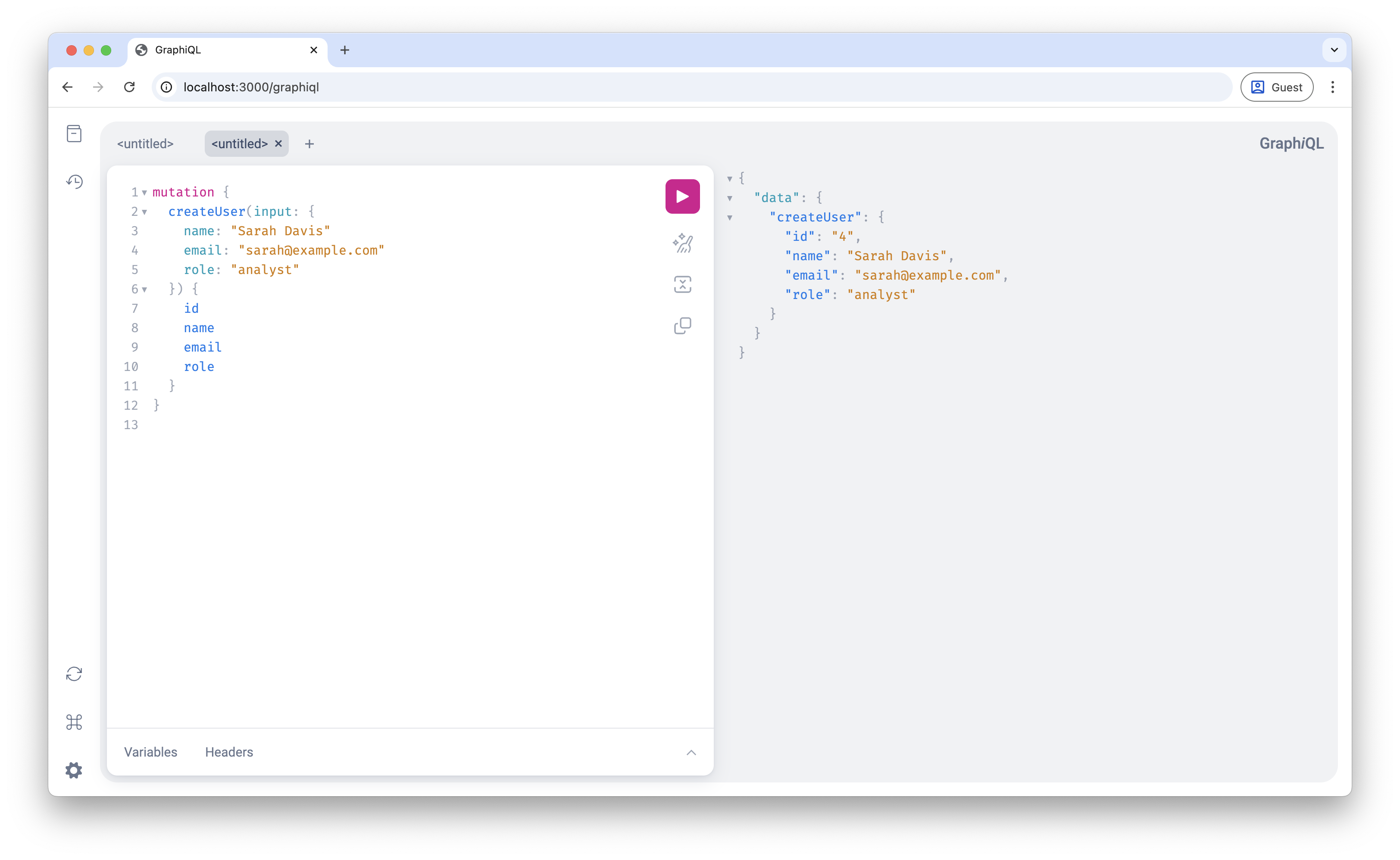 Screenshot of GraphiQL showing mutation results