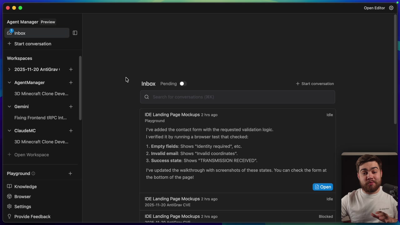 A clear view of the Agent Manager's "Inbox," displaying several conversations with titles like "IDE Landing Page Mockups" and statuses such as "Idle" or "Blocked."