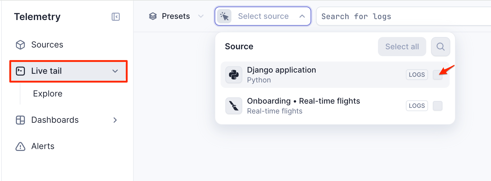 Screenshot of Live tail