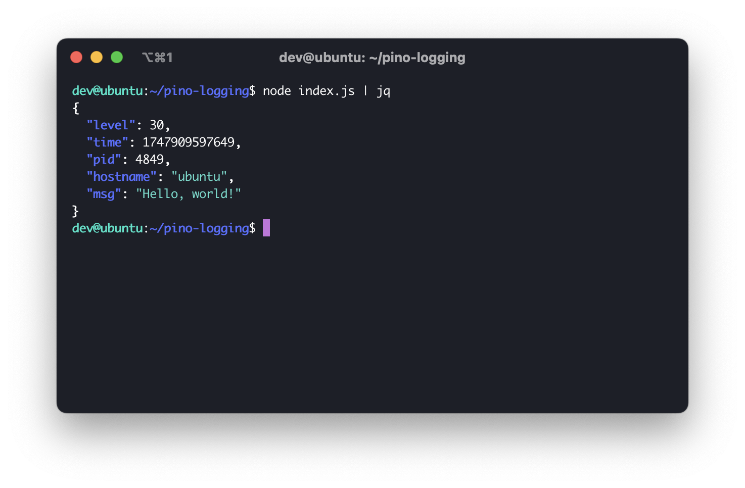 Terminal screenshot showing `node index.js | jq` output with a pretty-printed JSON log entry, including fields like level, time, pid, hostname, and message saying "Hello, world!"