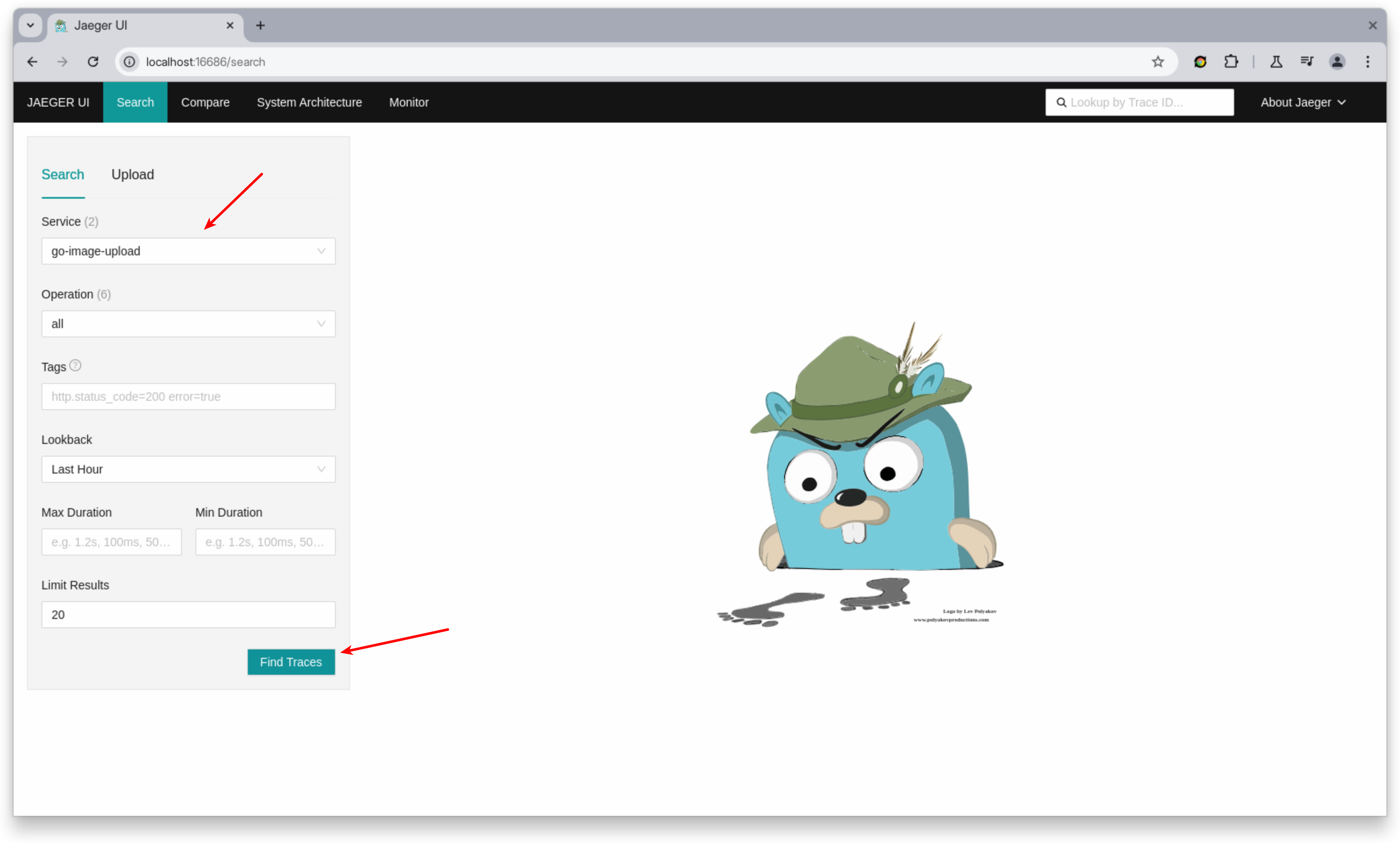Jaeger UI showing Go Image Upload Service