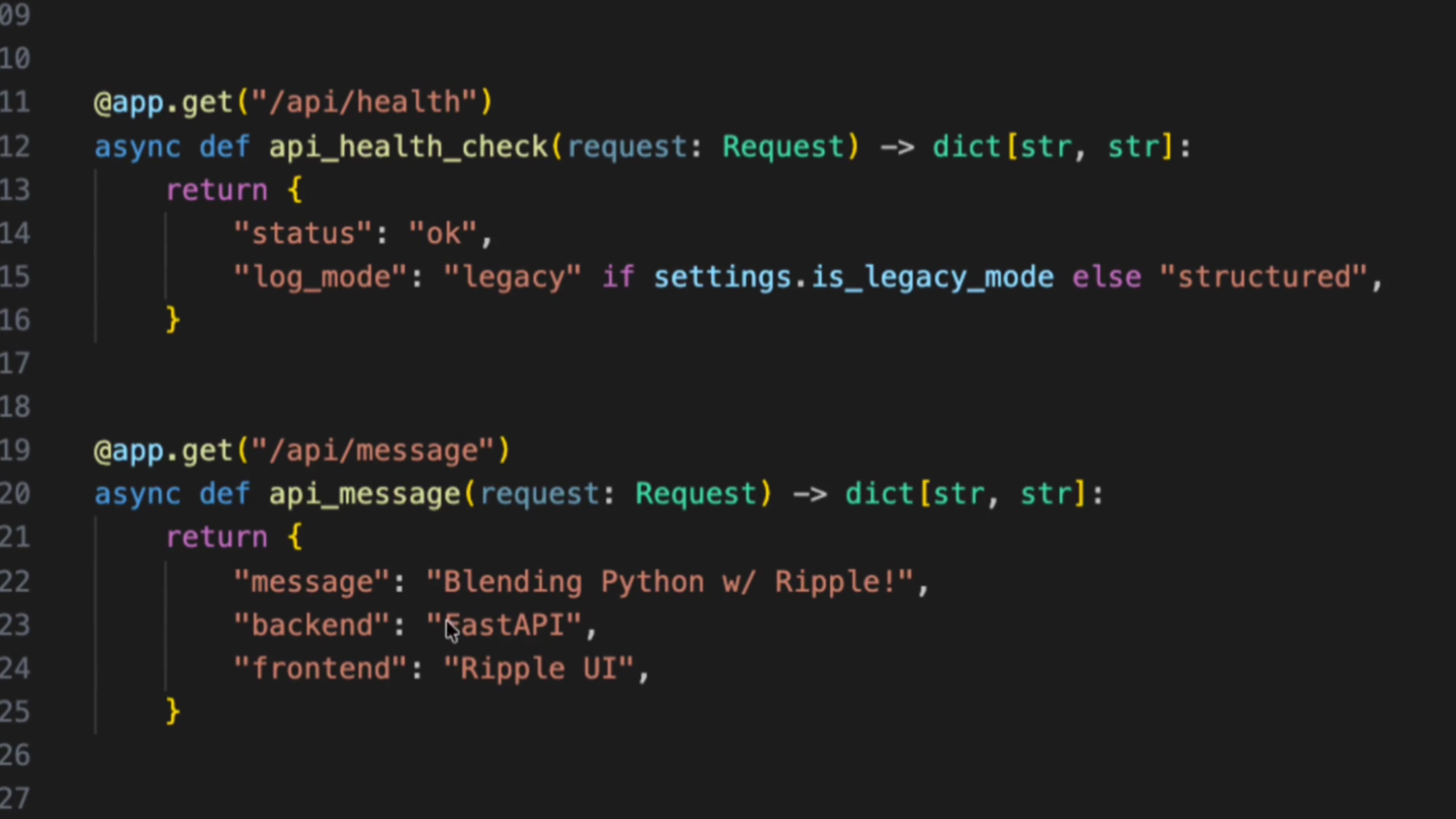 The /api/message endpoint definition in main.py