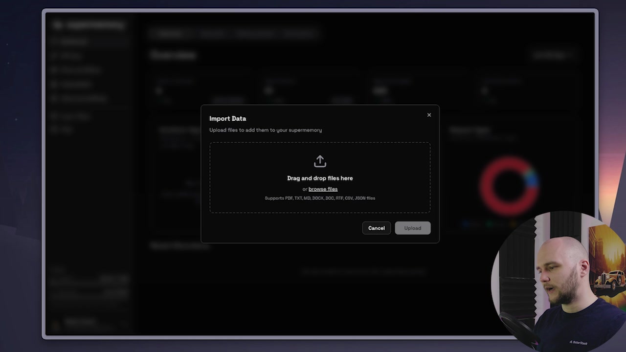The "Import Data" dialog in the Supermemory dashboard, showing a CSV file being selected for upload.