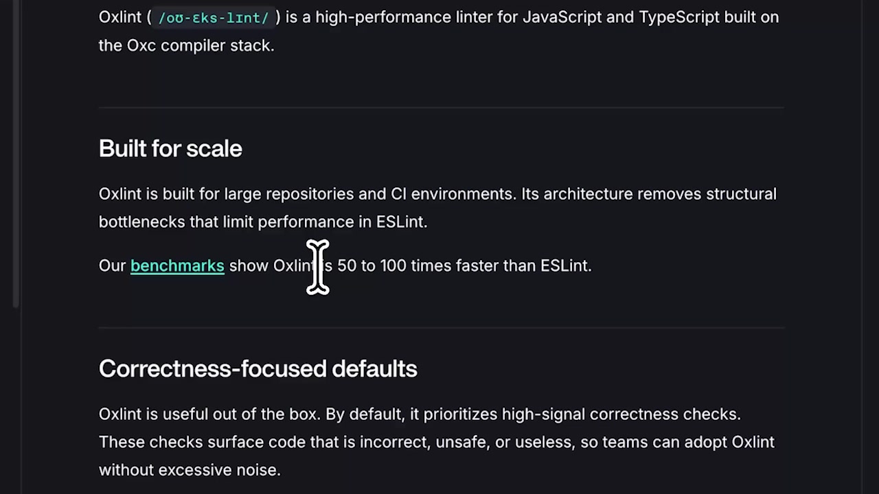 A benchmark from the Oxlint documentation shows its remarkable speed, claiming to be 50 to 100 times faster than ESLint.