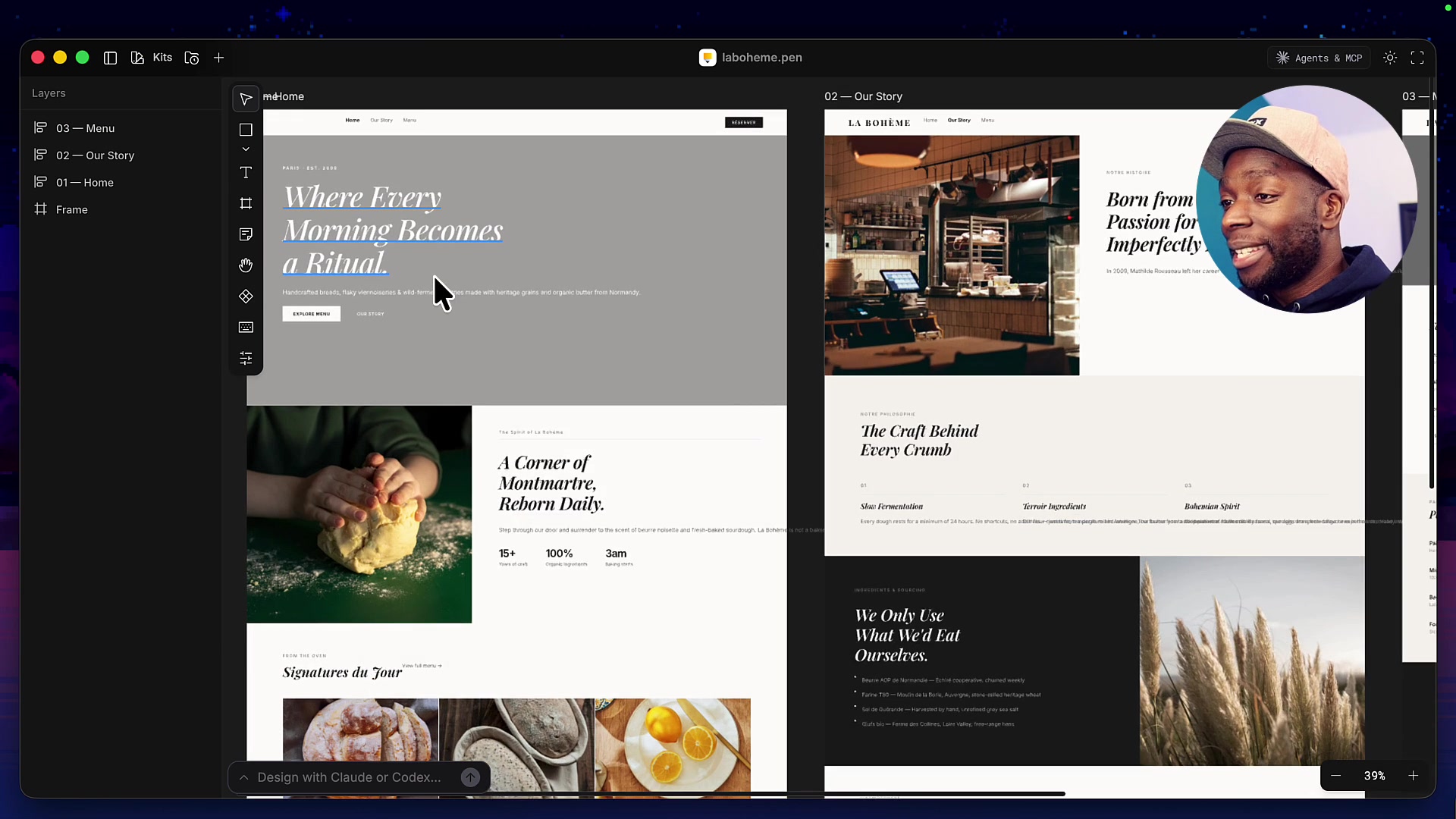 The stunning, three-page website design for the "La Bohème" bakery, fully generated by AI inside the Pencil canvas.