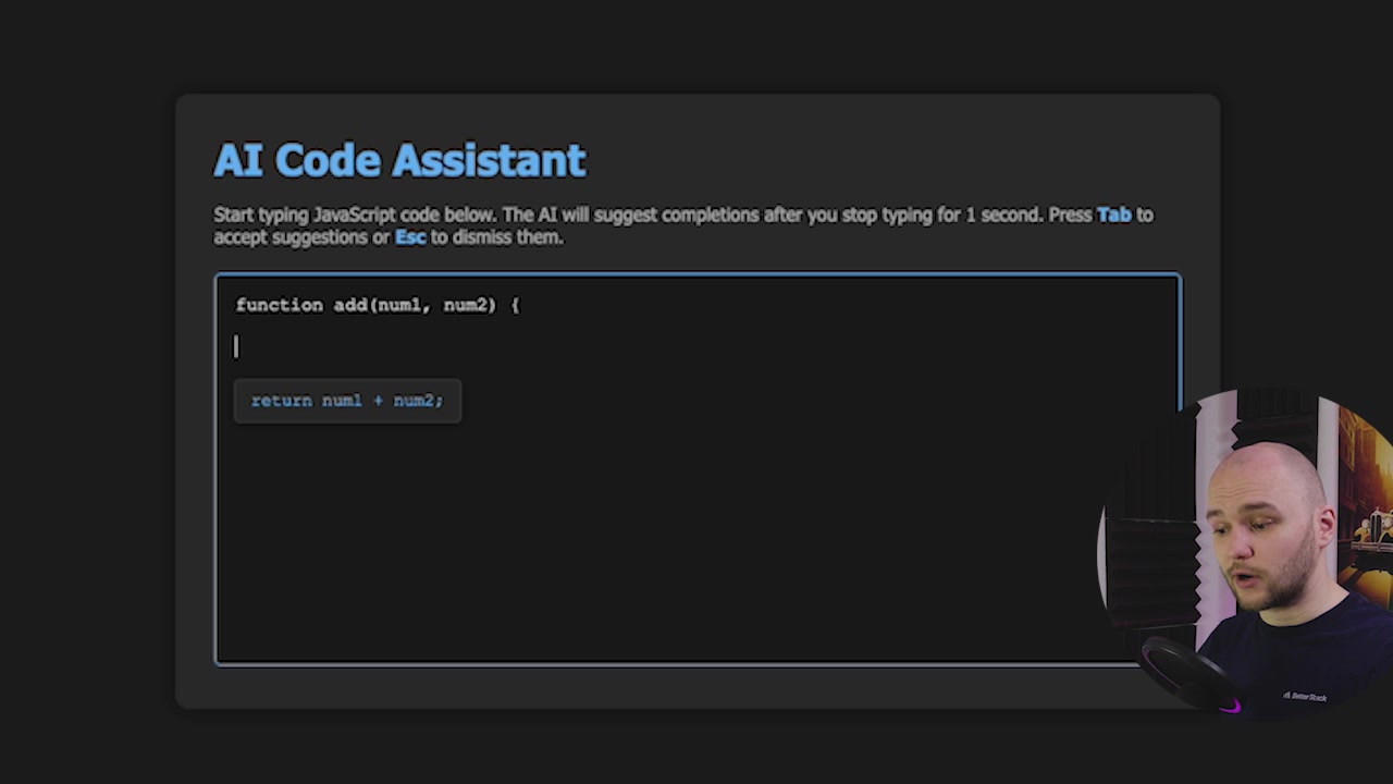 The AI Code Assistant app displaying a code suggestion for a JavaScript function.