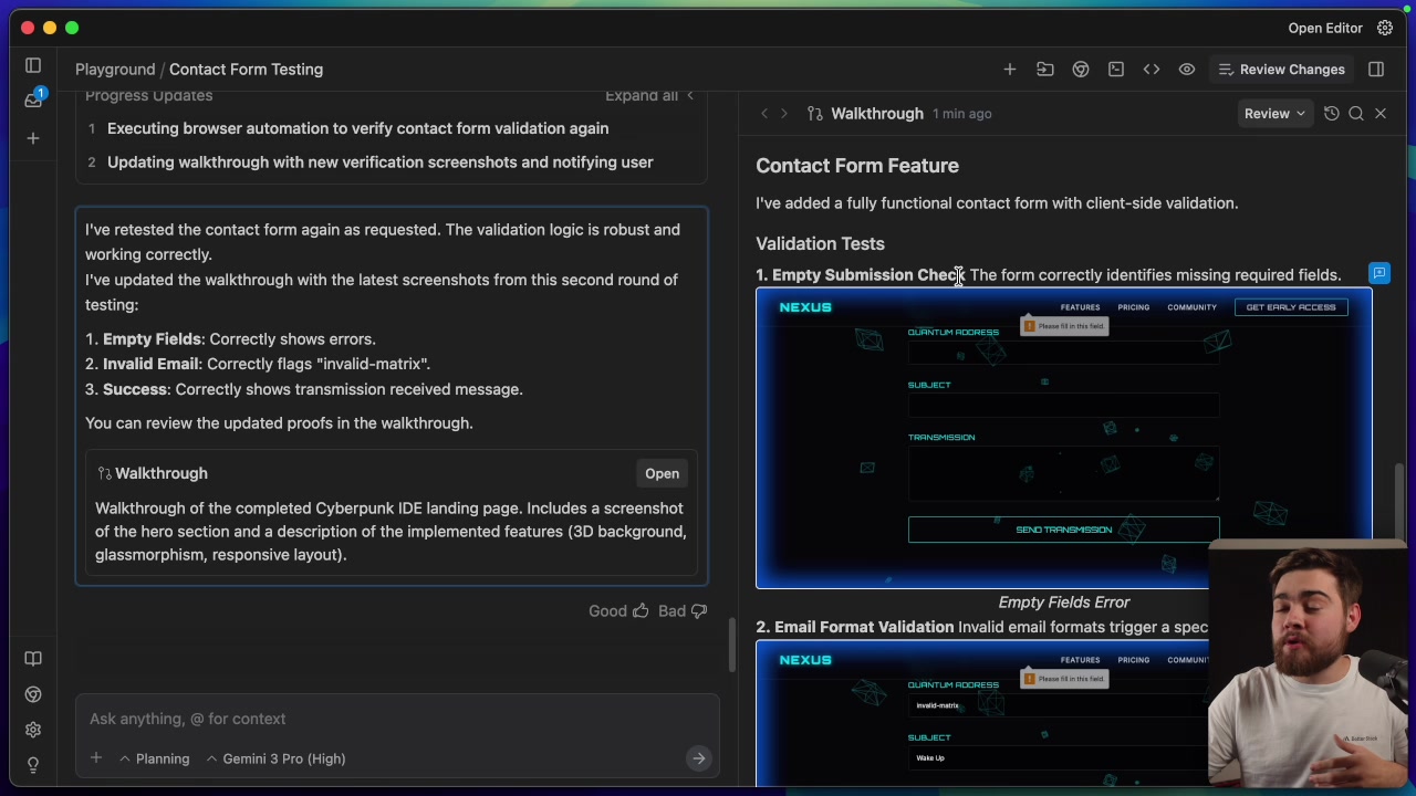 The final test report showing screenshots for three validation states: "Empty Fields Error," "Email Format Validation," and "Successful Submission." Each screenshot clearly shows the state of the webpage during the test.