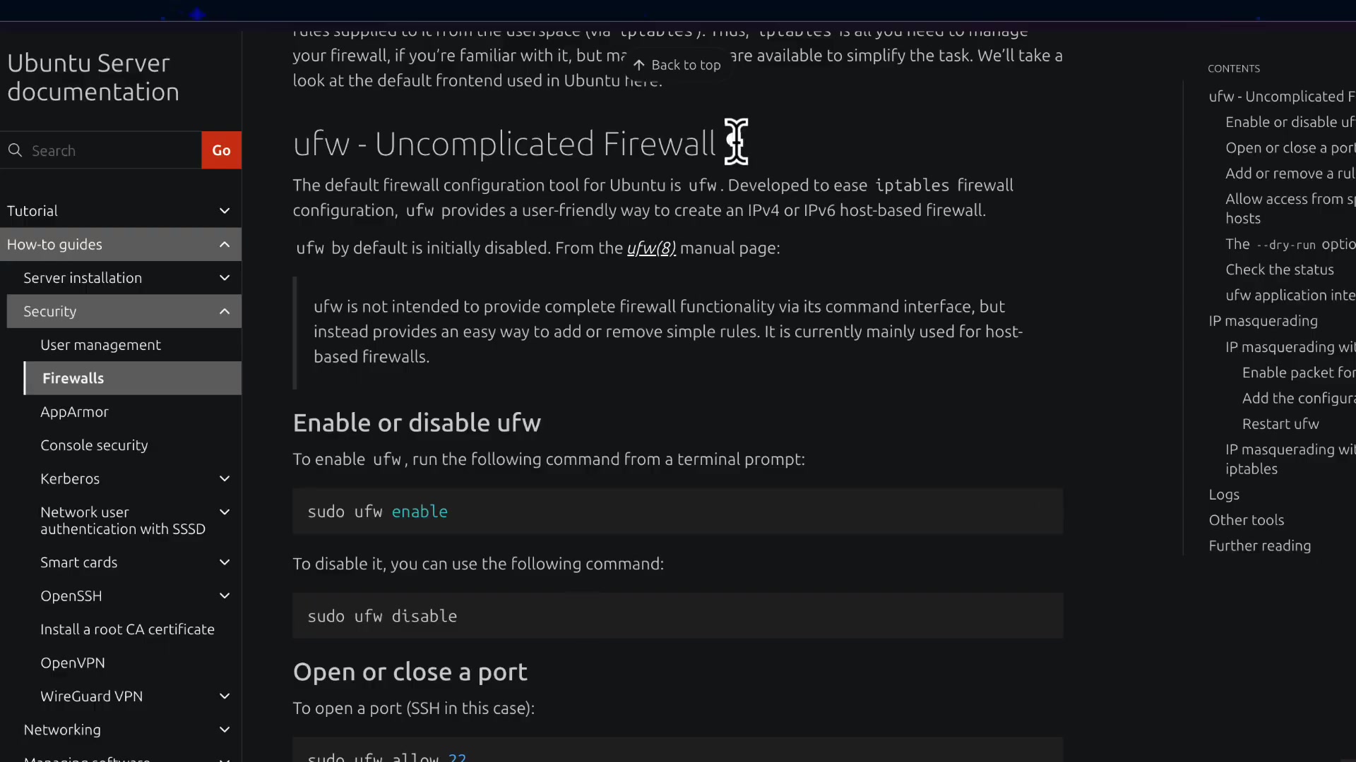 A screenshot of the official Ubuntu Server documentation for `ufw`, highlighting its name: "ufw - Uncomplicated Firewall".
