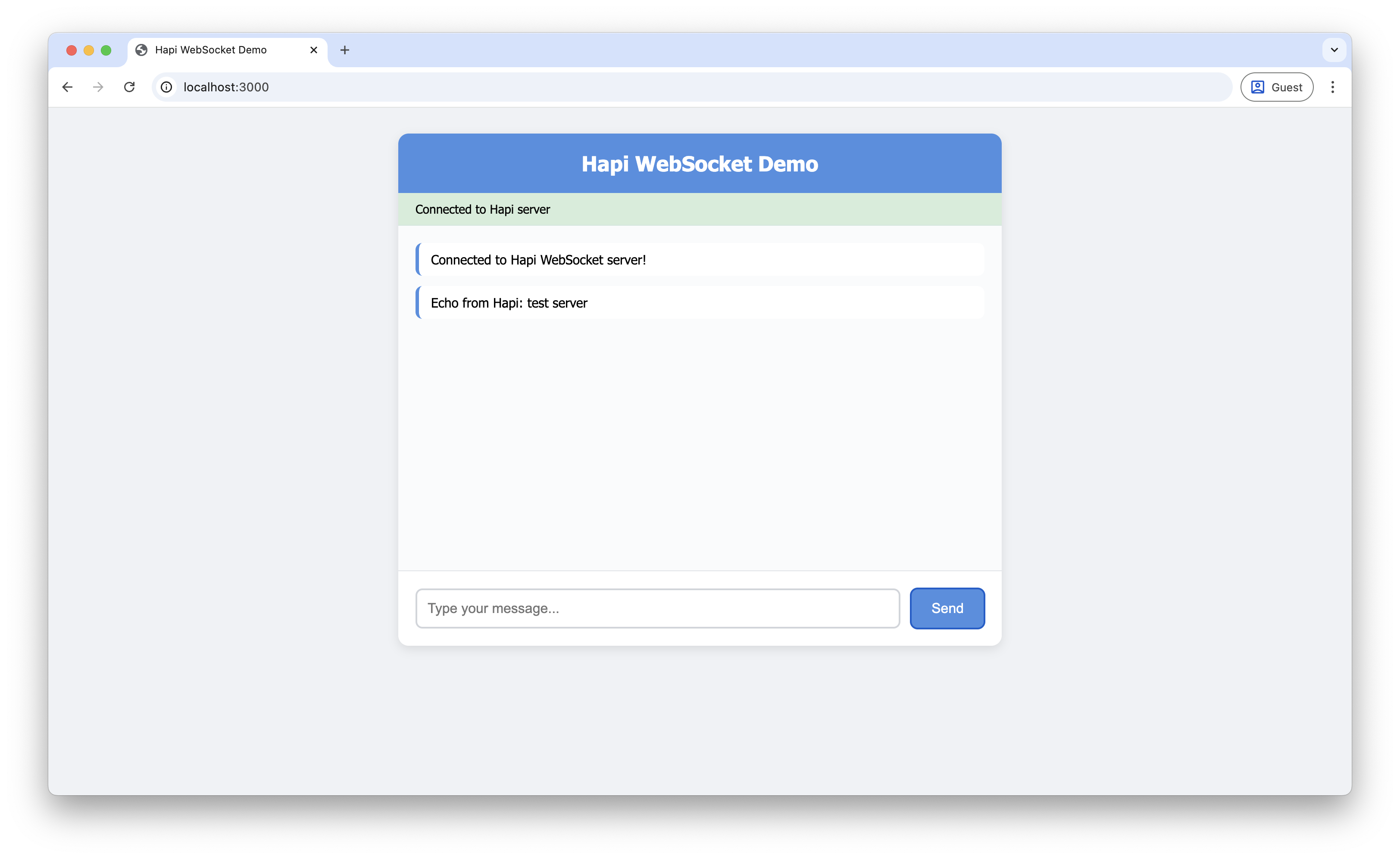 Screenshot of echoed message in the Hapi interface