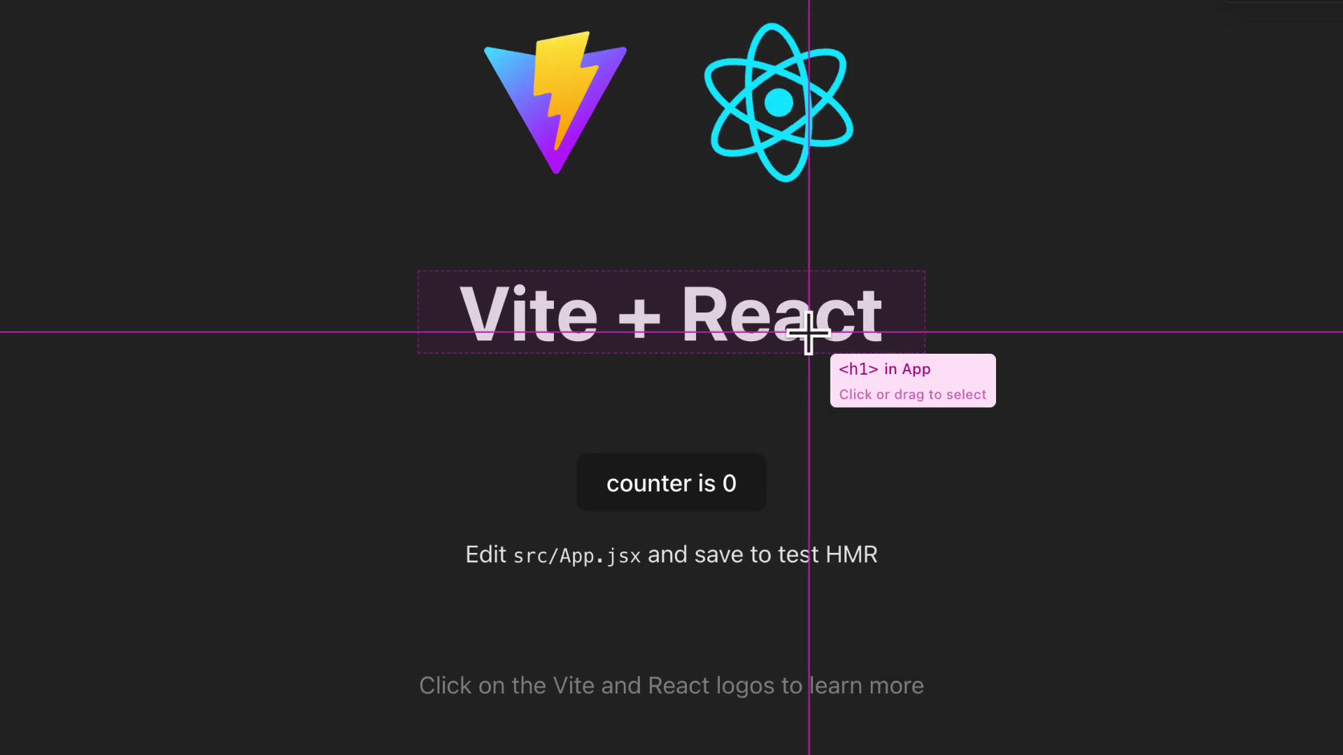 The React Grab selection overlay is active on a webpage with a purple crosshair centered and a button element outlined in purple