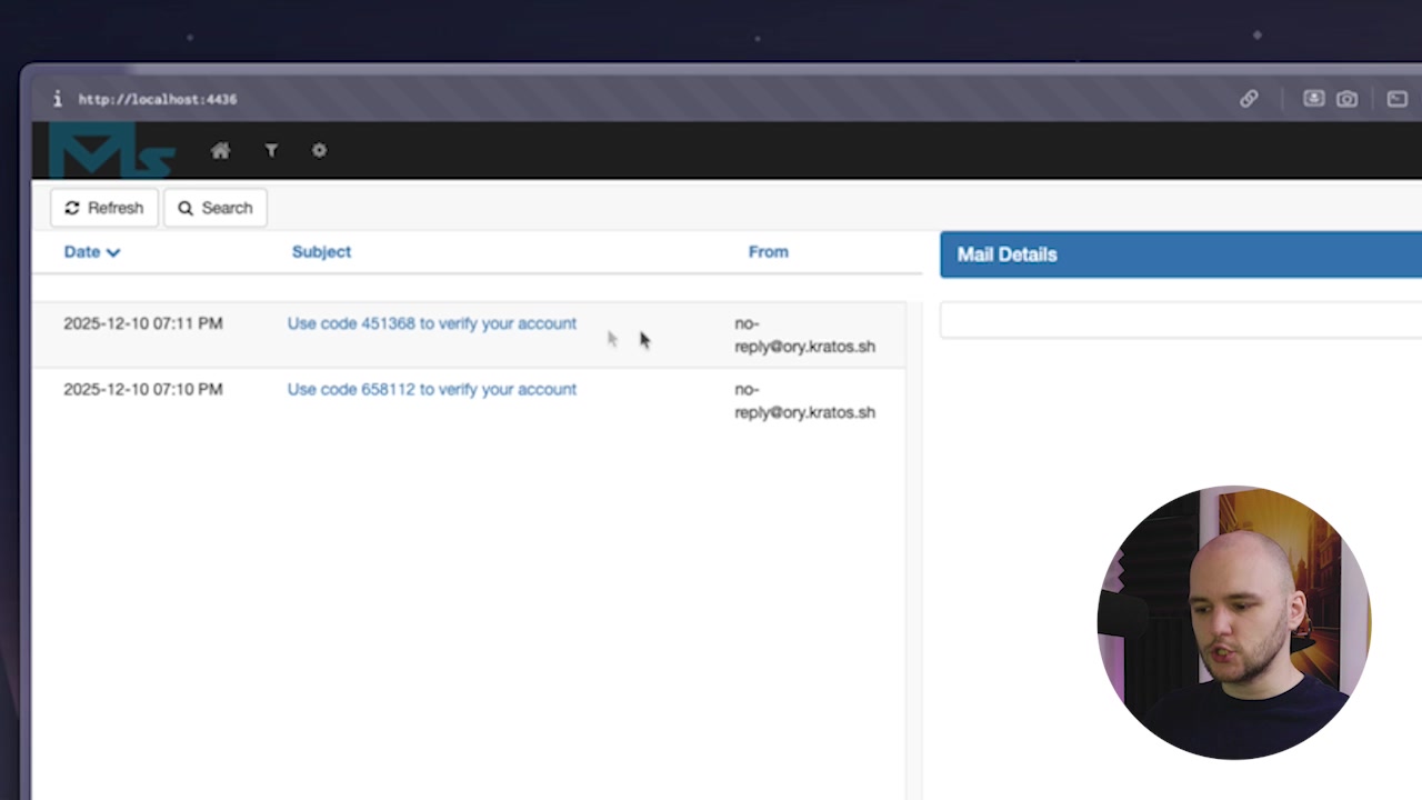 The MailSlurper interface showing a list of captured emails, with the verification email at the top.