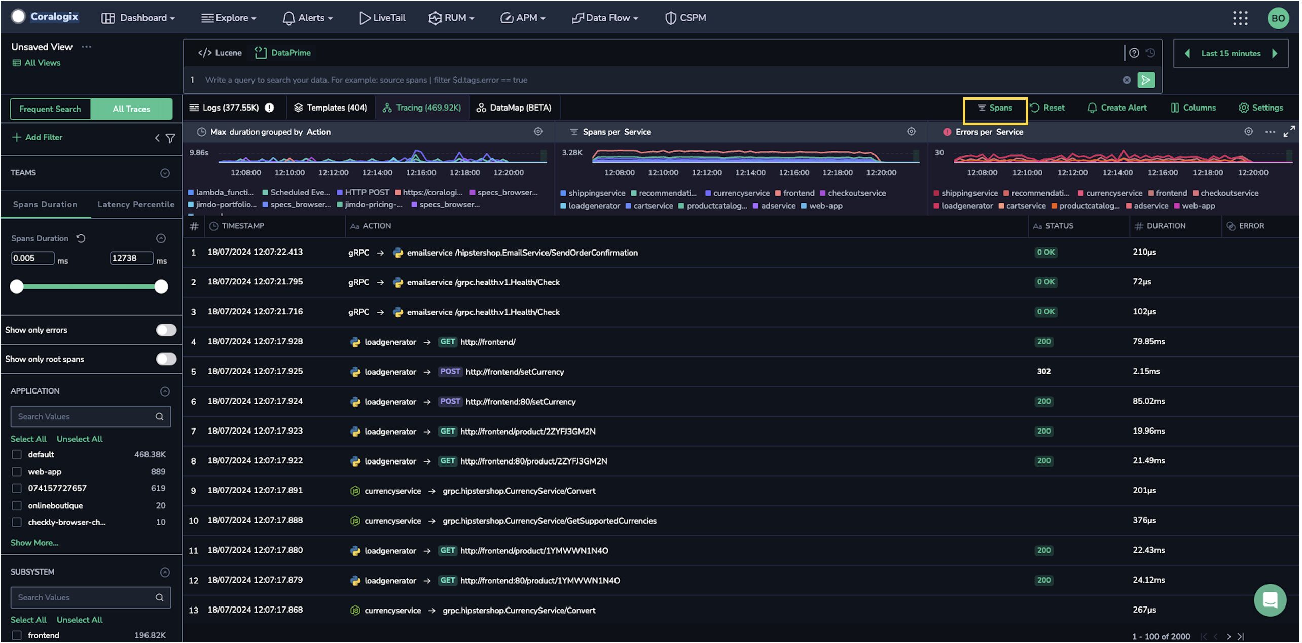 Screenshot of Coralogix UI