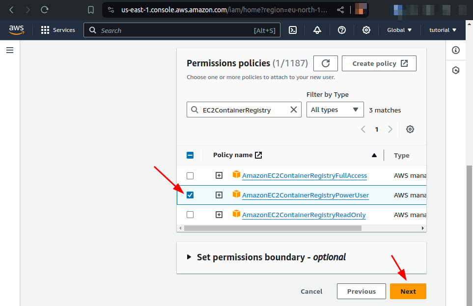 attach AmazonEC2ContainerRegistryPowerUser policy