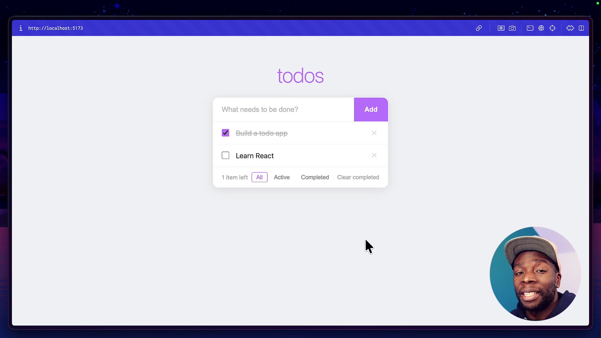 A clean and simple UI of the initial 'todos' web application.