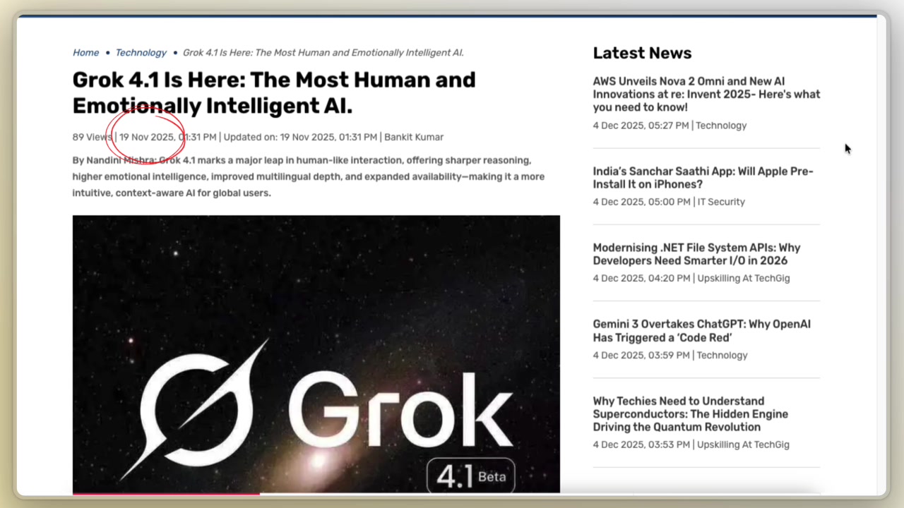 A news article headline announcing the arrival of Grok 4.1, emphasizing its human and emotionally intelligent capabilities.