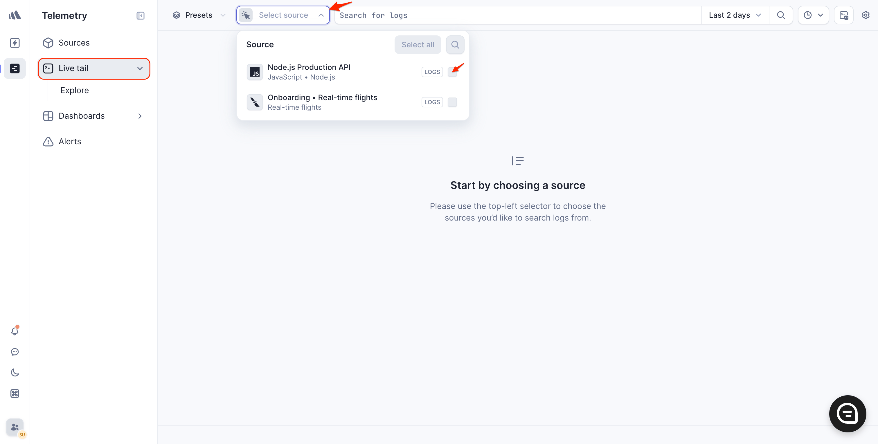 Better Stack Telemetry sources filter