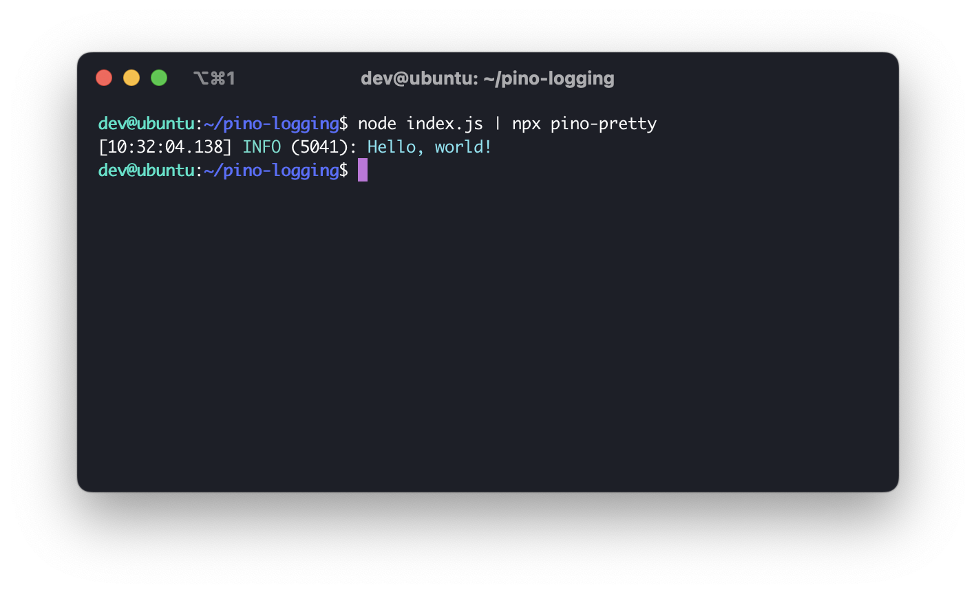 Terminal showing colorized pino-pretty log output