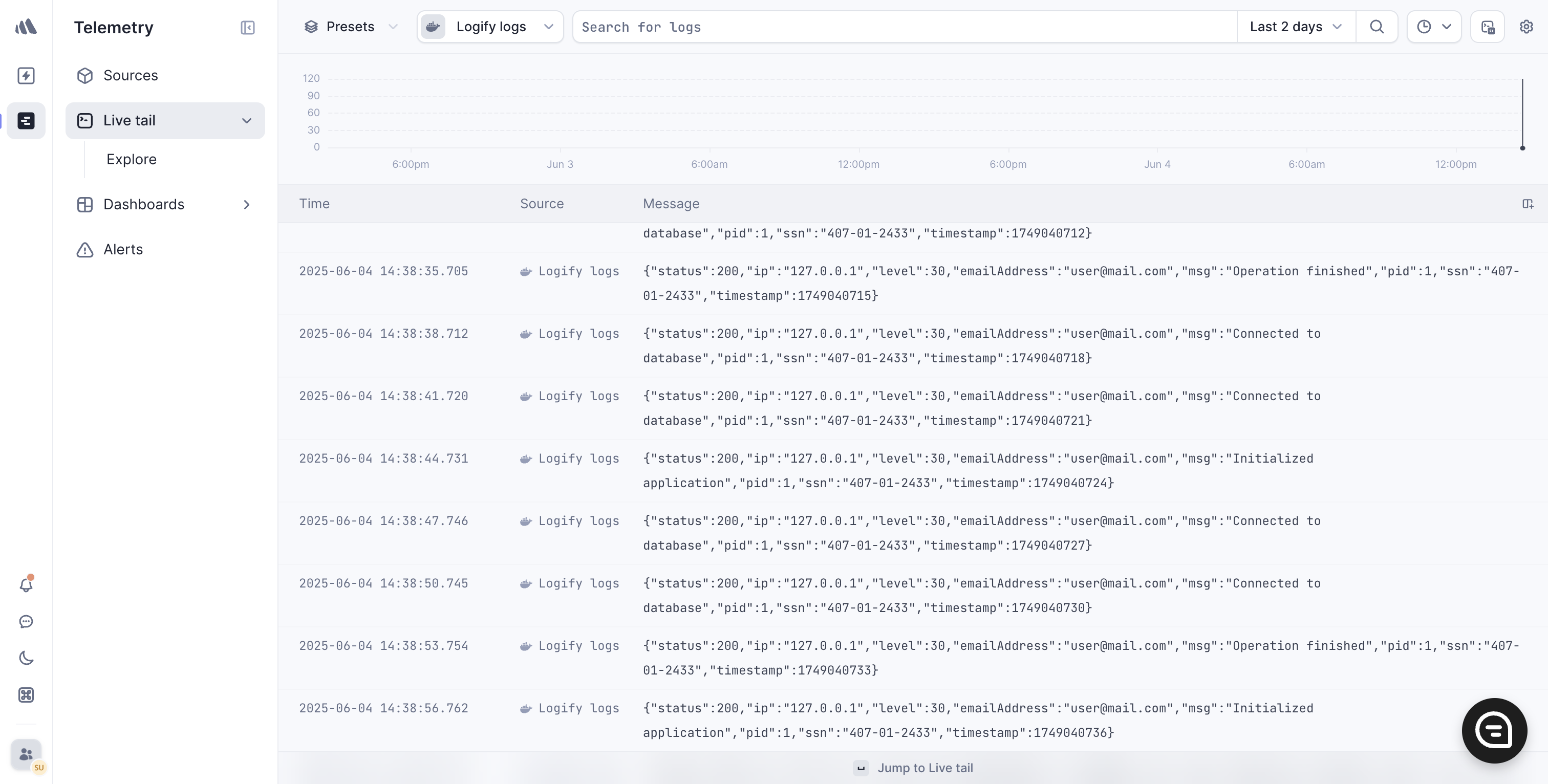 Screenshot displaying the log entries in Better Stack