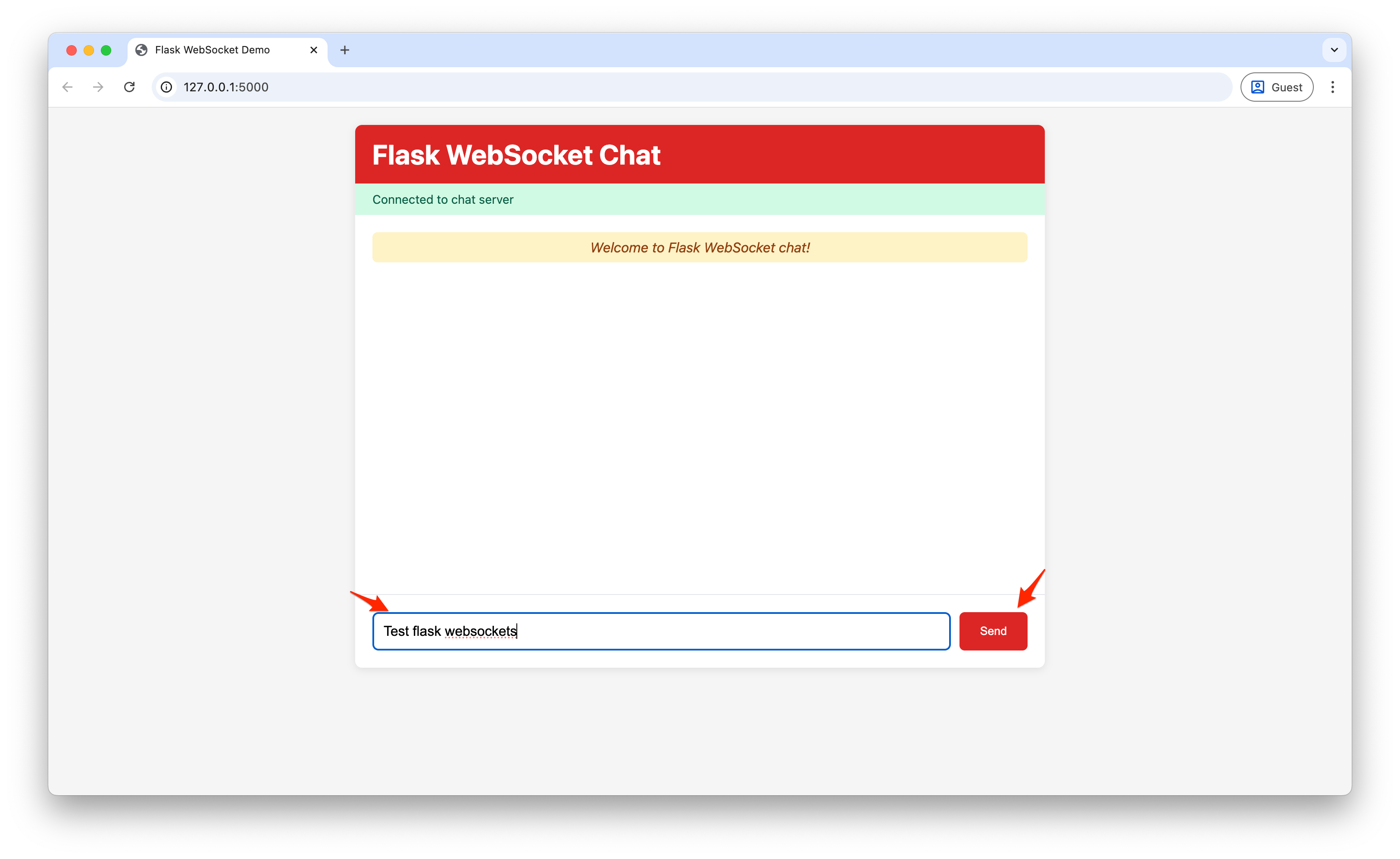 Screenshot showing echo message functionality working in Flask WebSocket chat