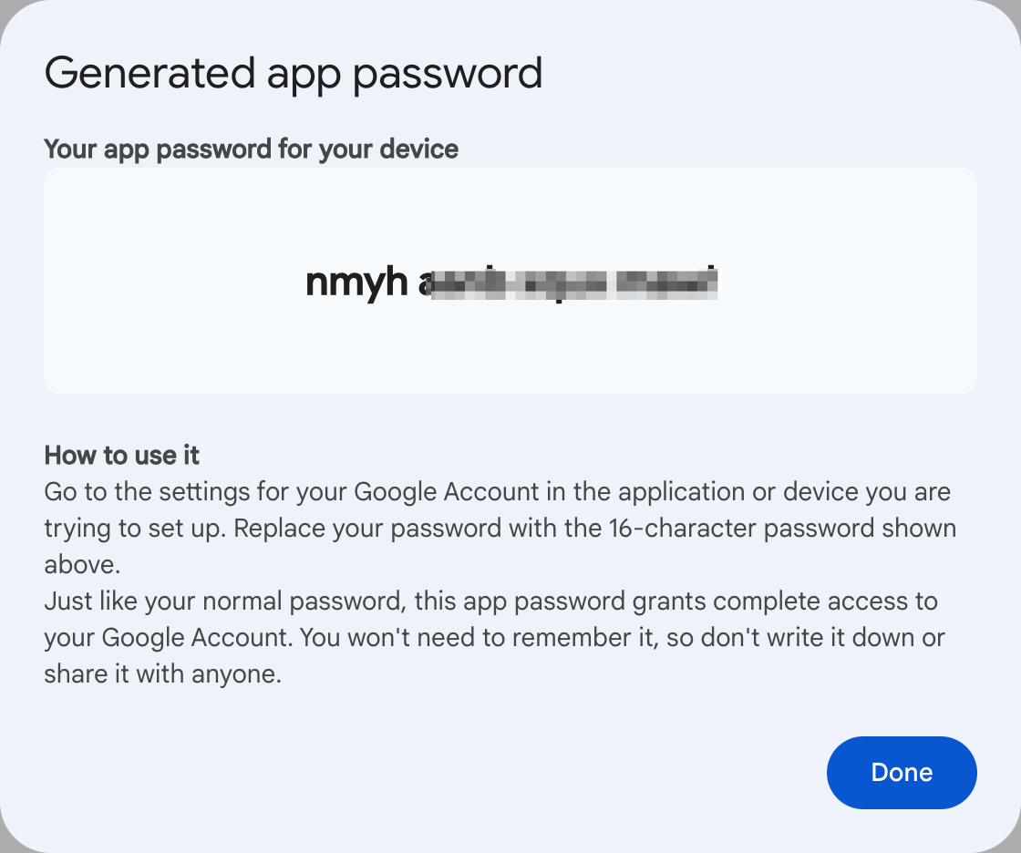 Screenshot of the popup dialog with the app password