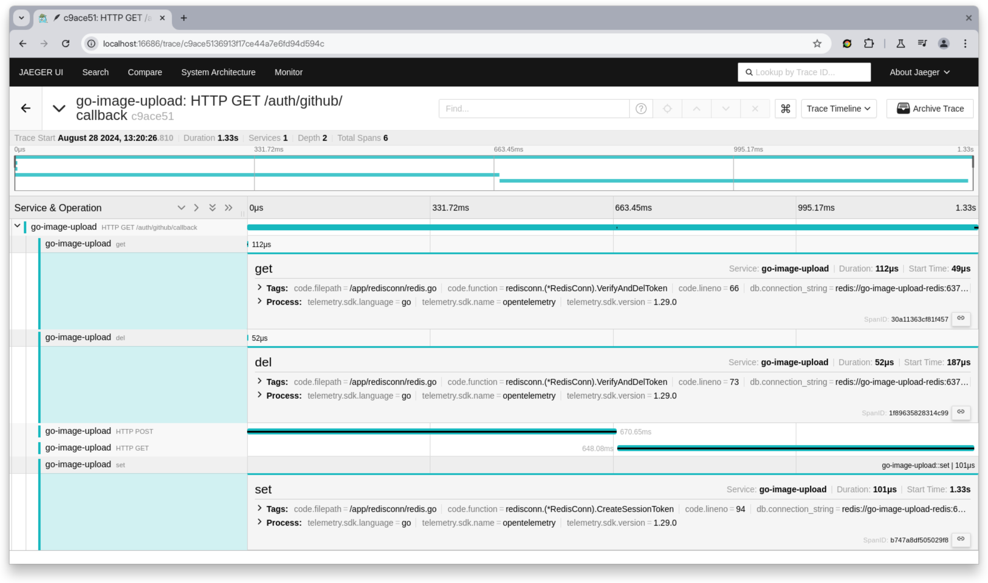 Jaeger UI showing Redis Go Trace Spans with OpenTelemetry
