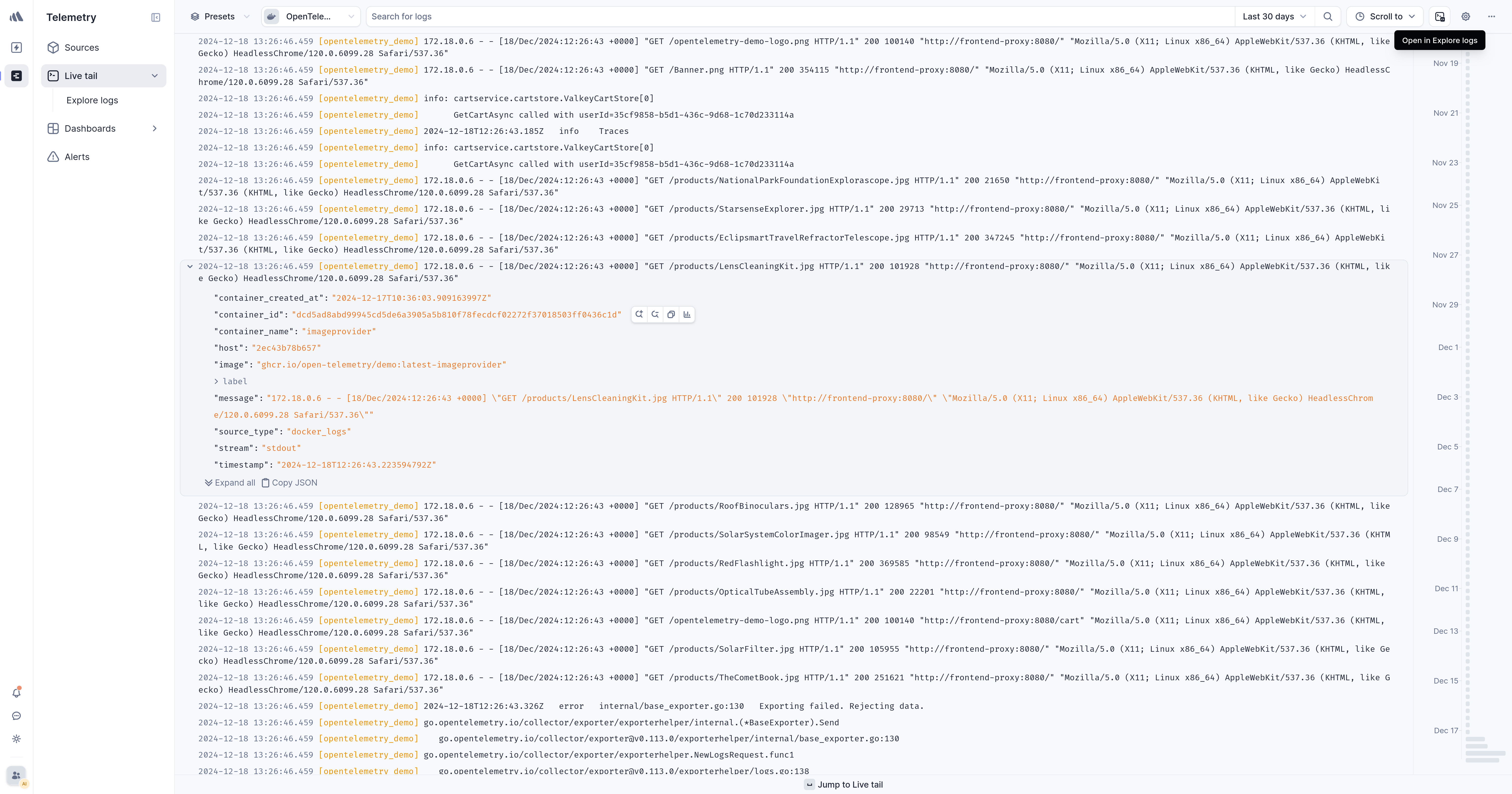 Better Stack live tail page