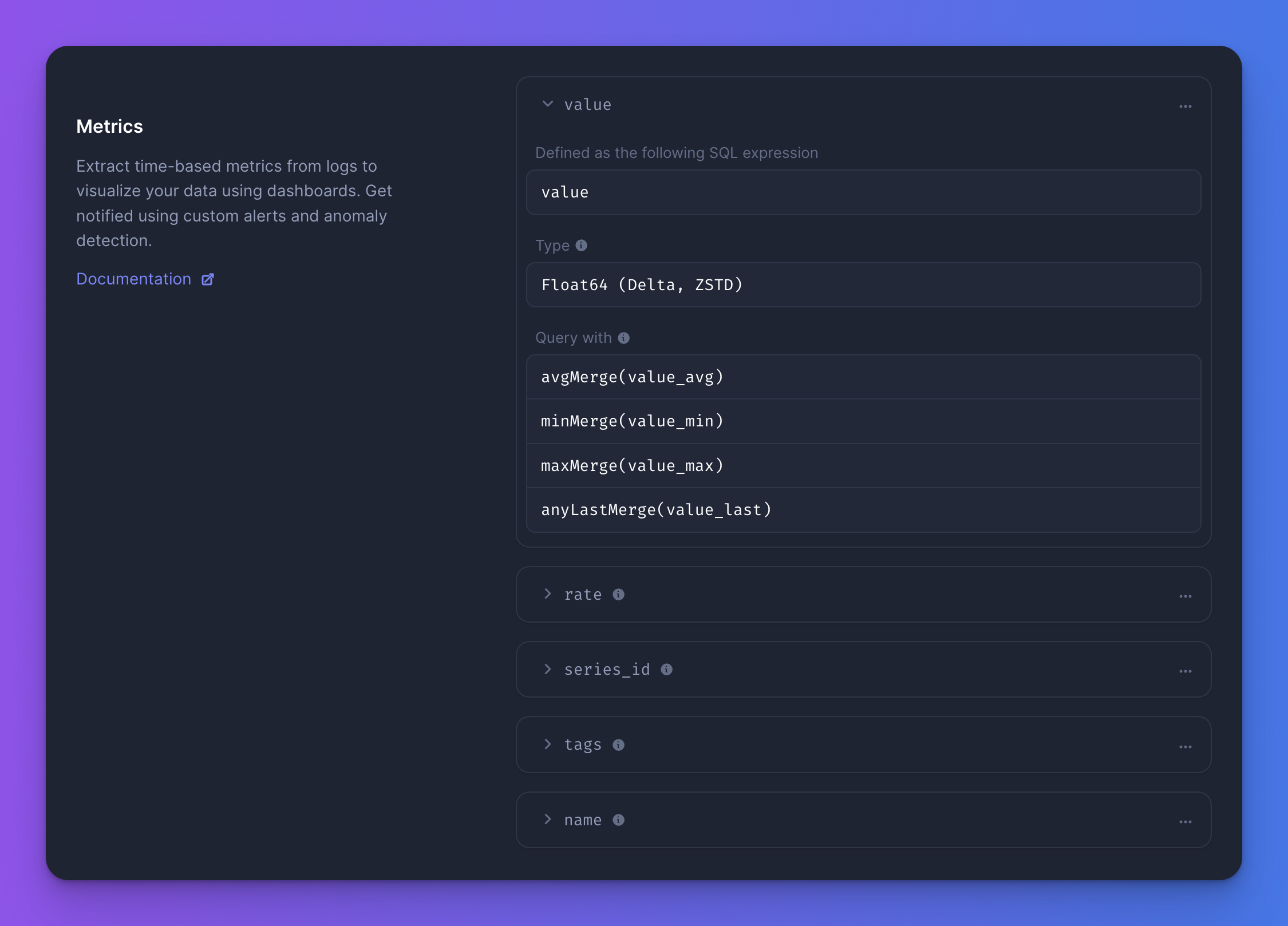 Screenshot of Logs to metrics for Prometheus-like metrics