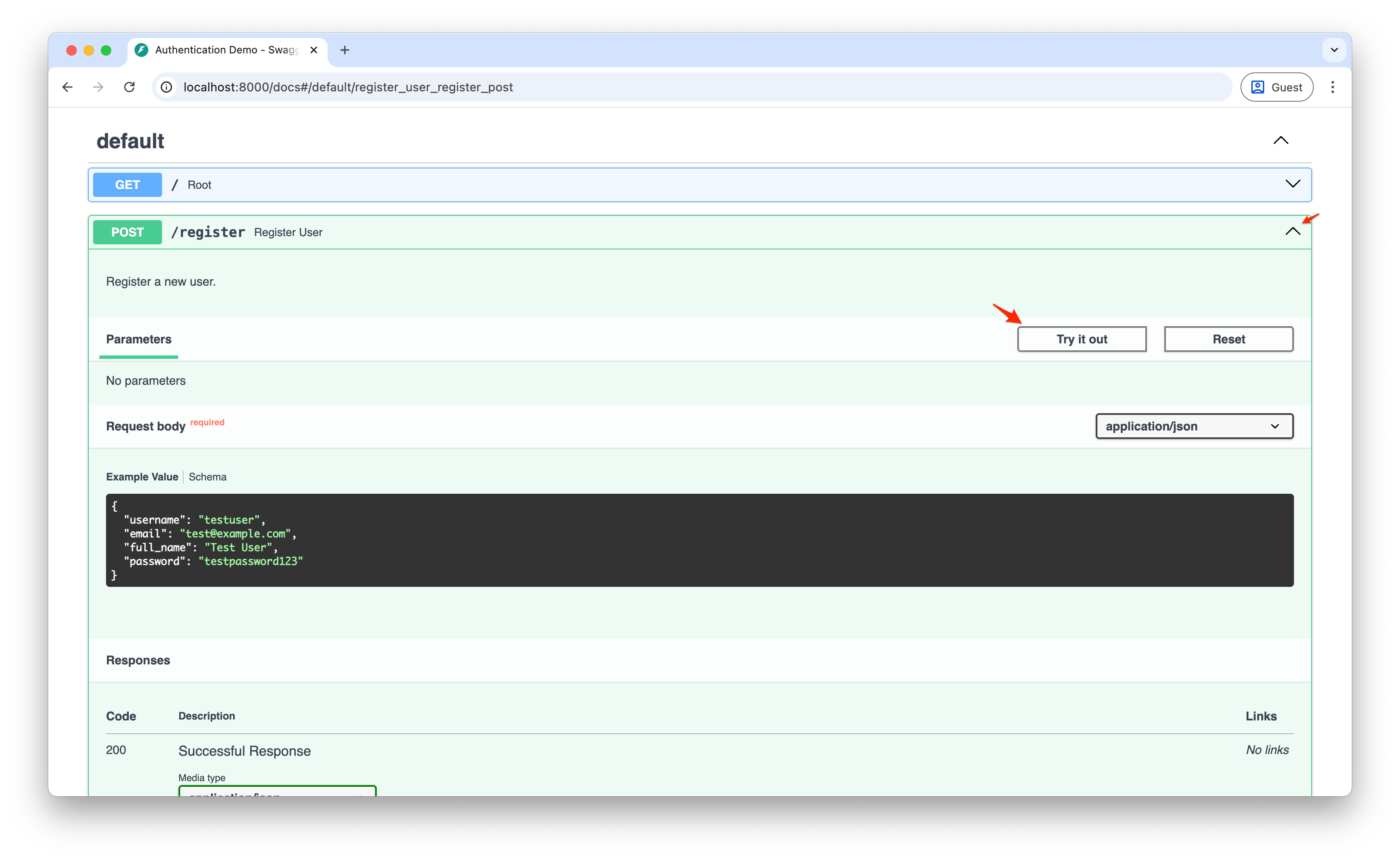 Screenshot showing the /register endpoint expanded with the request body form