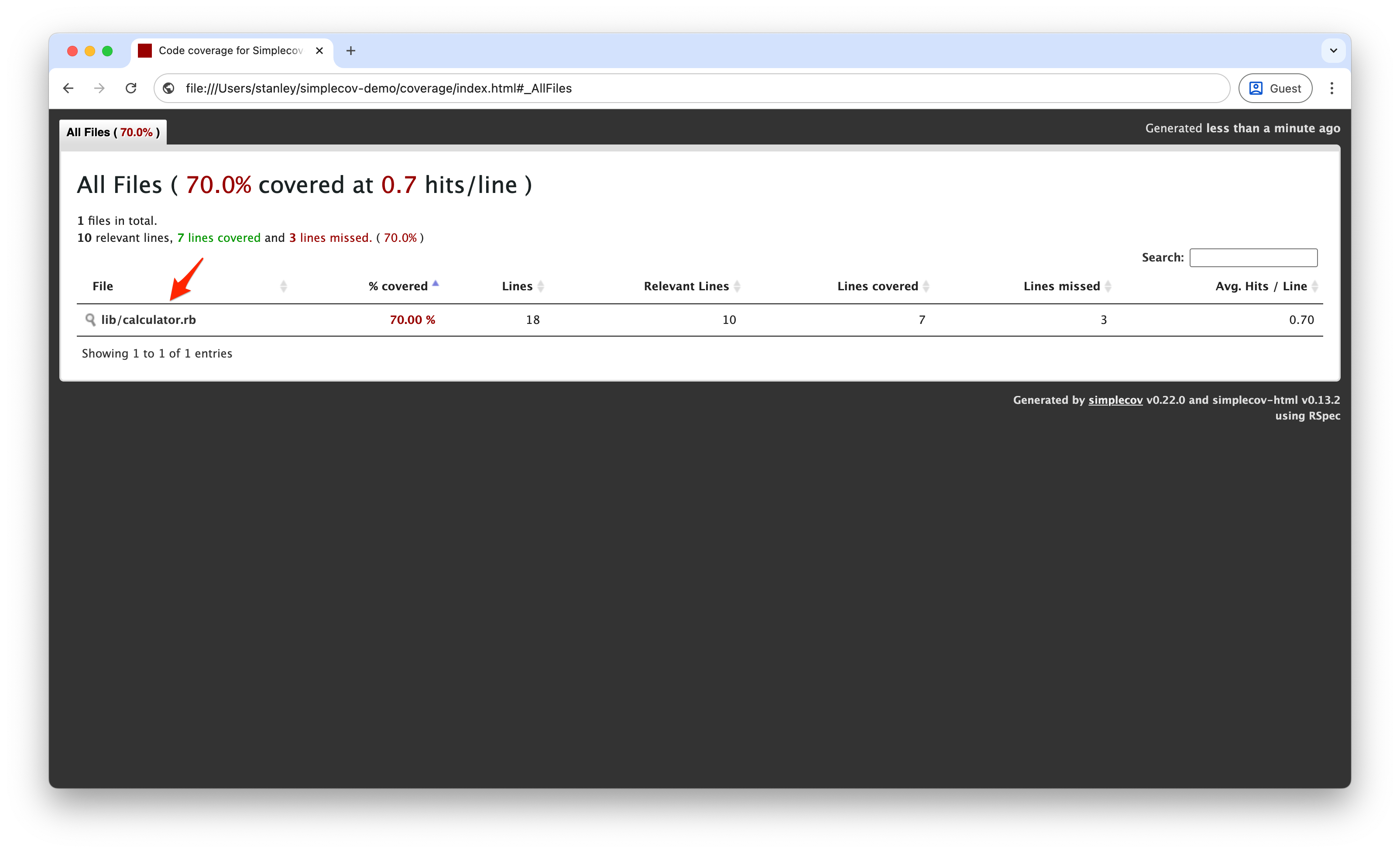 SimpleCov HTML coverage report showing overall 70% coverage with file listing