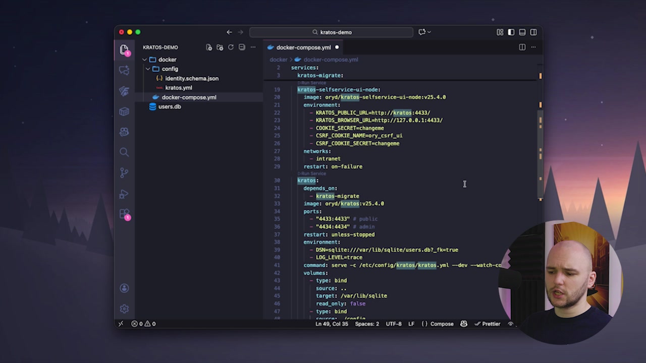 The complete `docker-compose.yml` file displayed in a code editor, showing all four services.