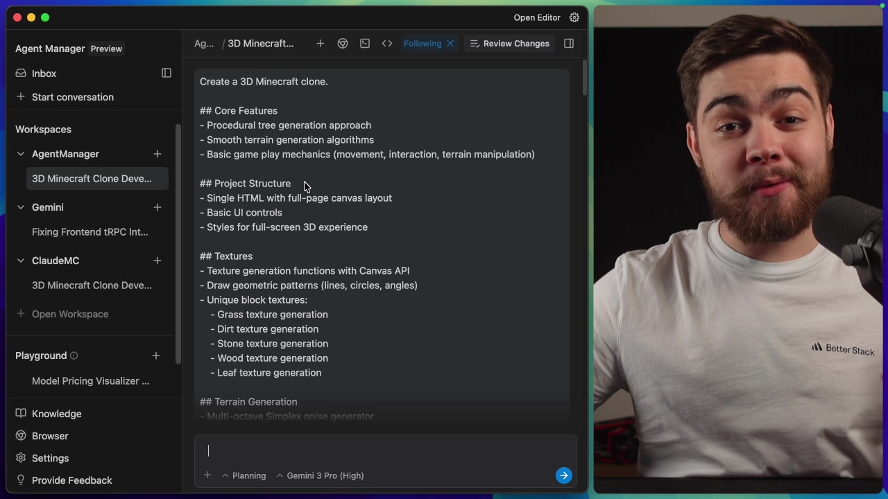 A screenshot of the detailed prompt used to create the 3D Minecraft clone, outlining features, project structure, textures, and more.