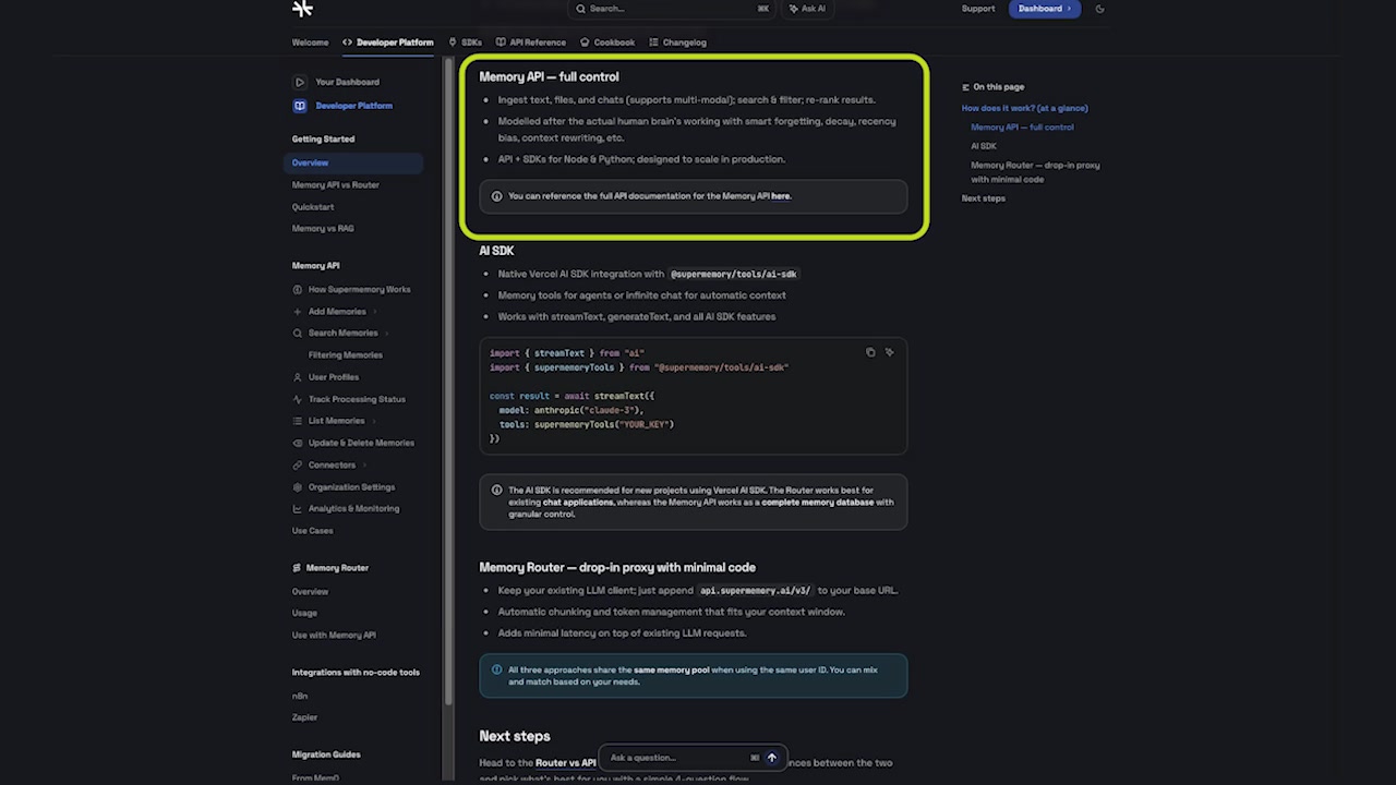A clear screenshot from the documentation page showing the three integration options: Memory API, SDK, and Memory Router, each with a brief description.