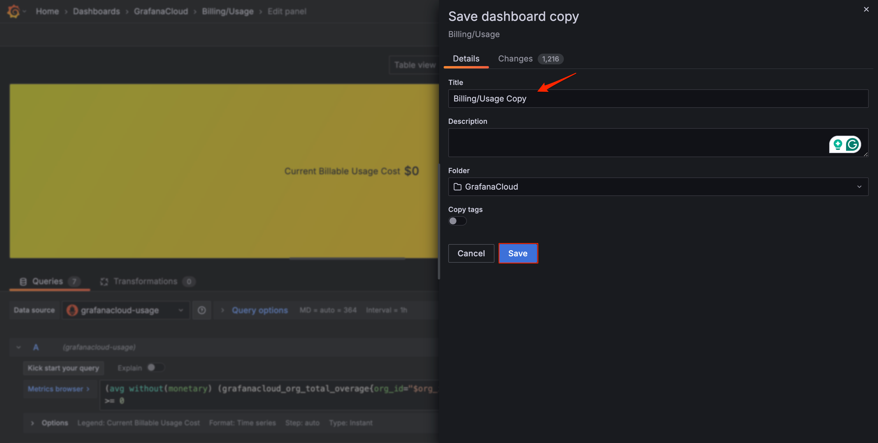 Screenshot of entering dashboard details options