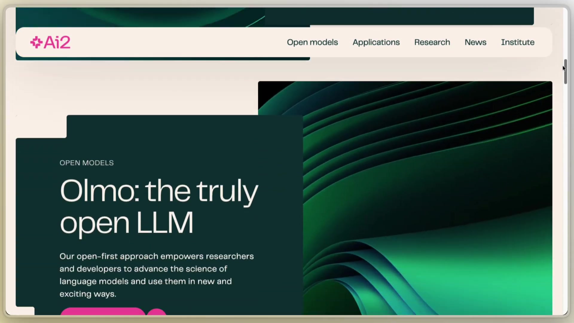 A screenshot from the AI2 website with the text "Olmo: the truly open LLM" circled, emphasizing their commitment to genuine openness.