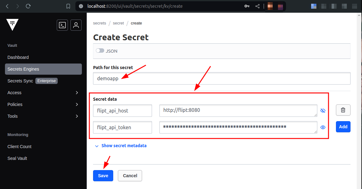 Vault filled create secret form