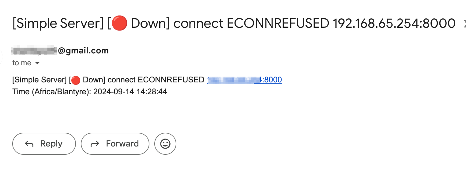 Screenshot of received email notification