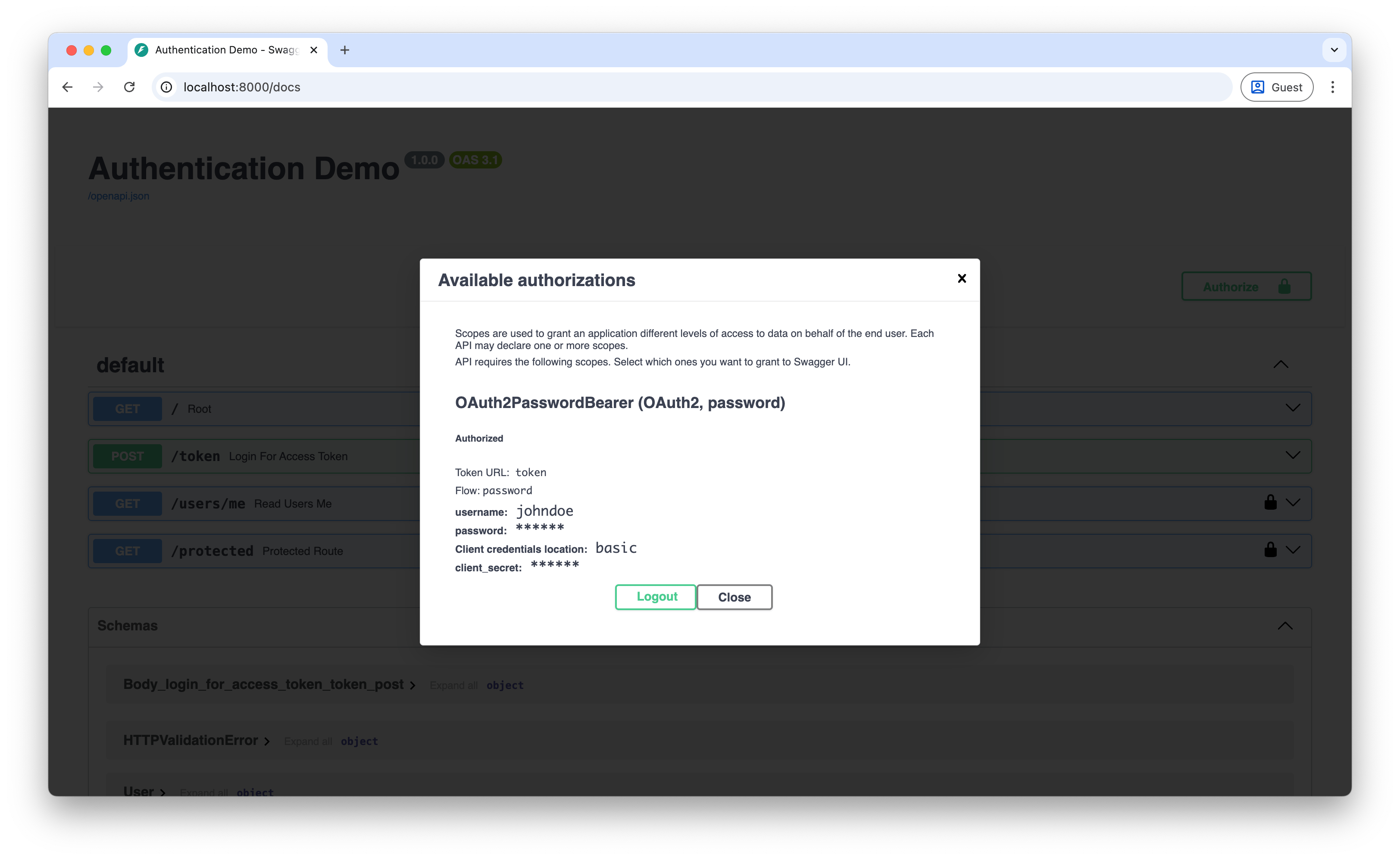 Screenshot showing successful JWT authentication and accessing protected routes