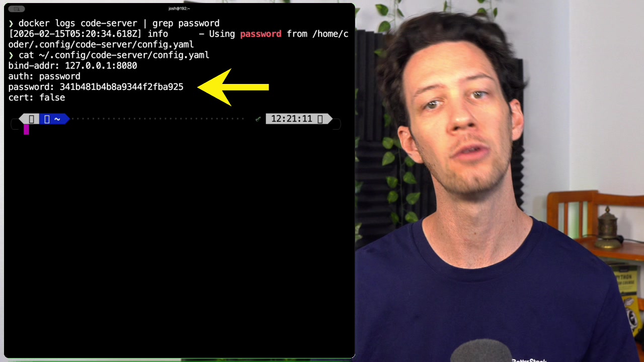 The terminal output showing the generated password for Code Server, clearly highlighted.