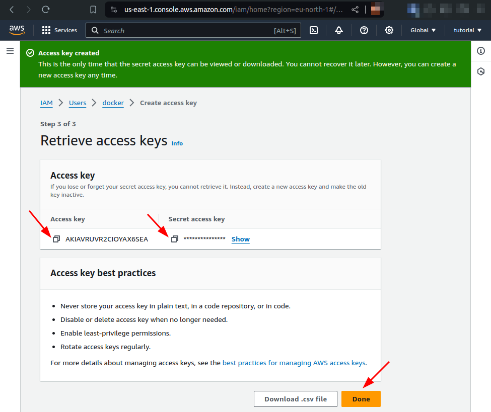 copy secret and access key