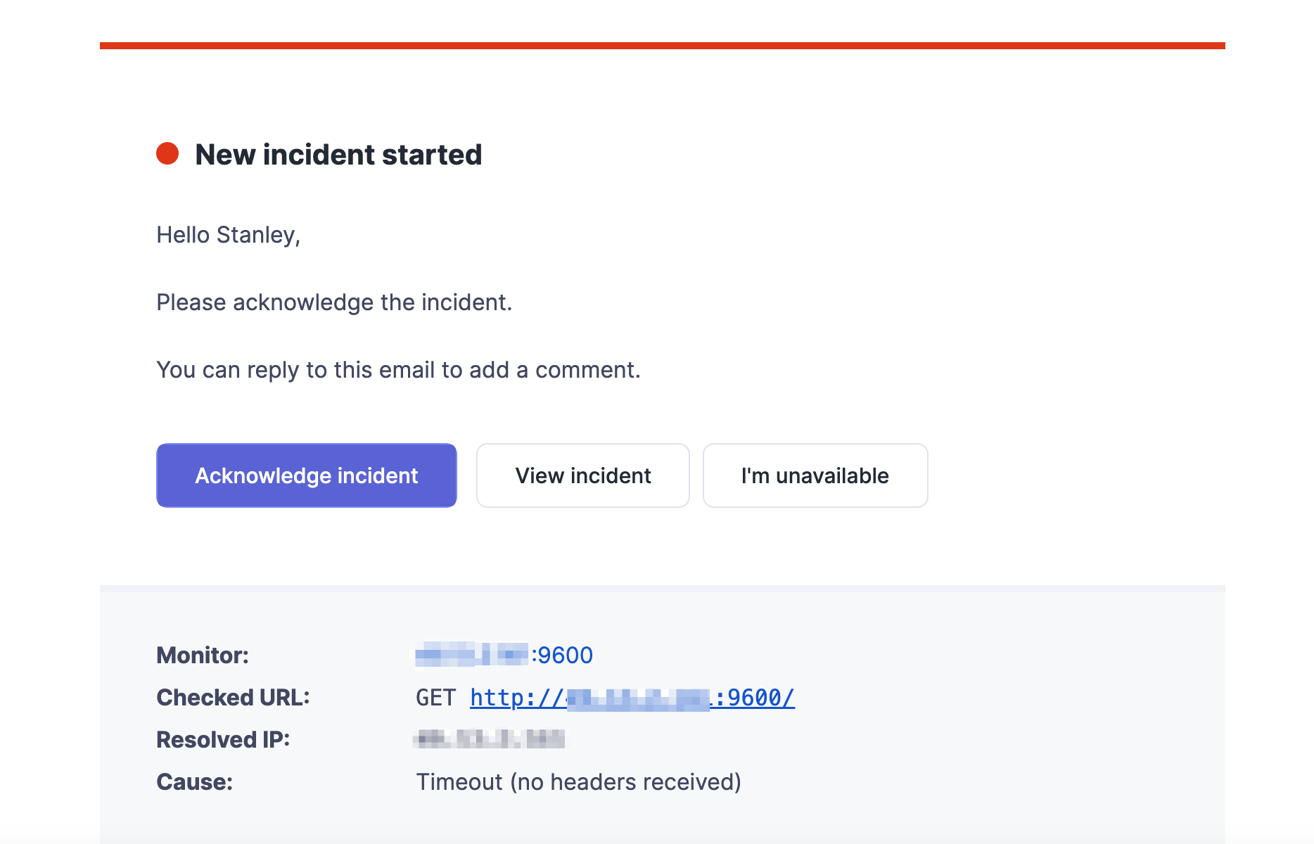 email alert from Better Stack in gmail otifying of the endpoint's downtime