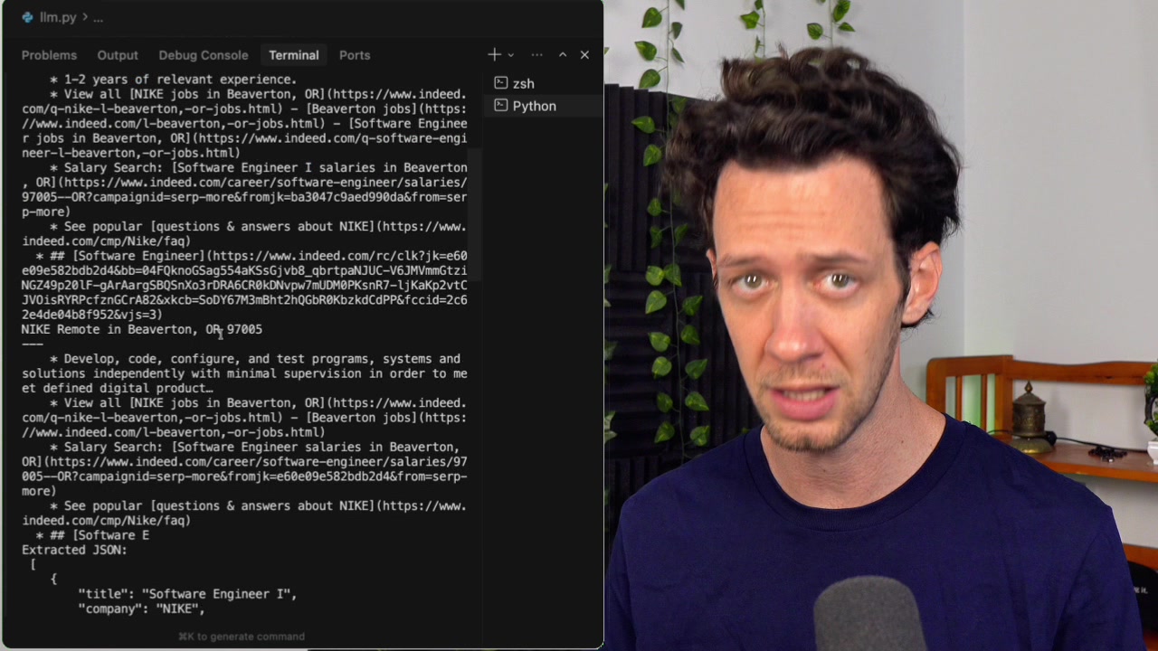 The final terminal output displays a clean, structured list of job objects in JSON format, extracted flawlessly by the LLM.